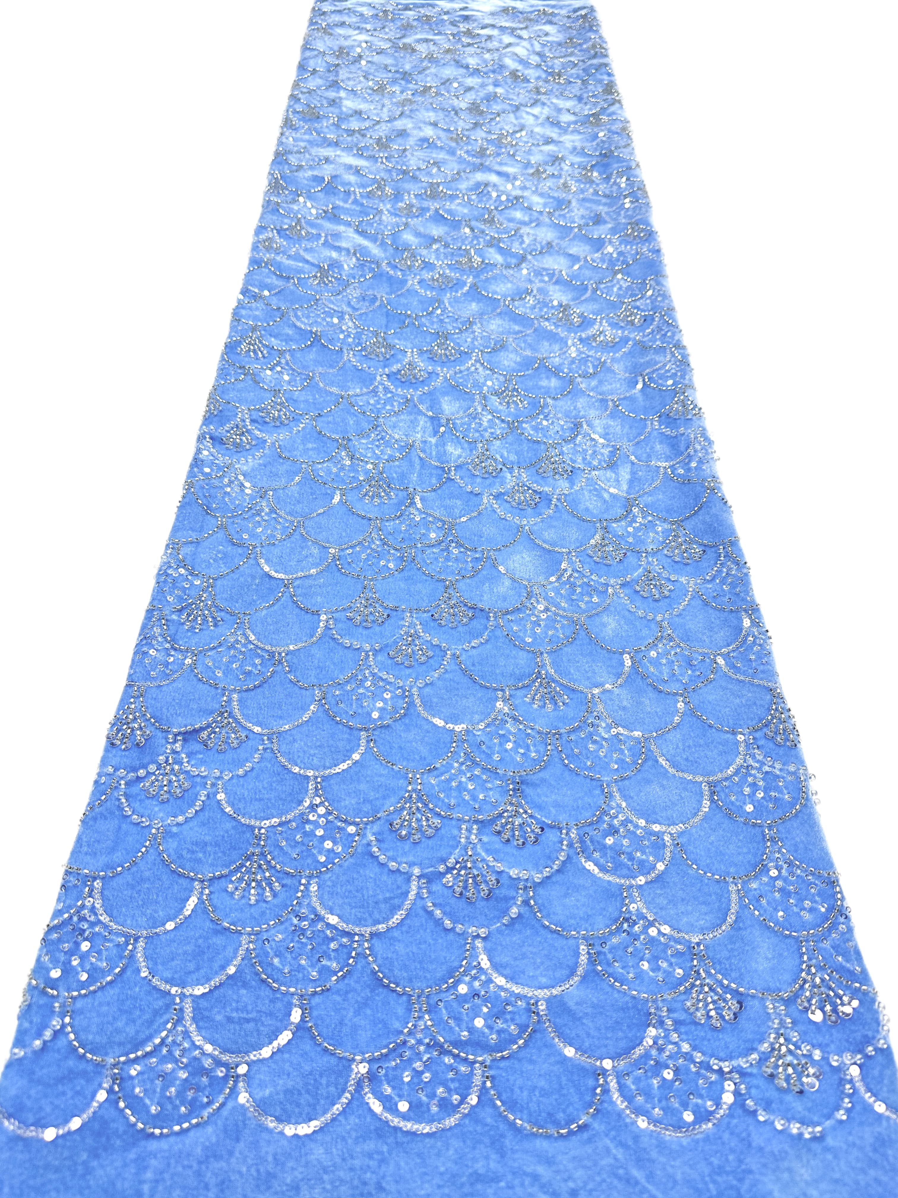 SBLS6588#	Sequined Beaded Geometric Lace Fabric Scalloped Edge Embroidered Lace Fabric for Wedding Dresses Bridal Gowns