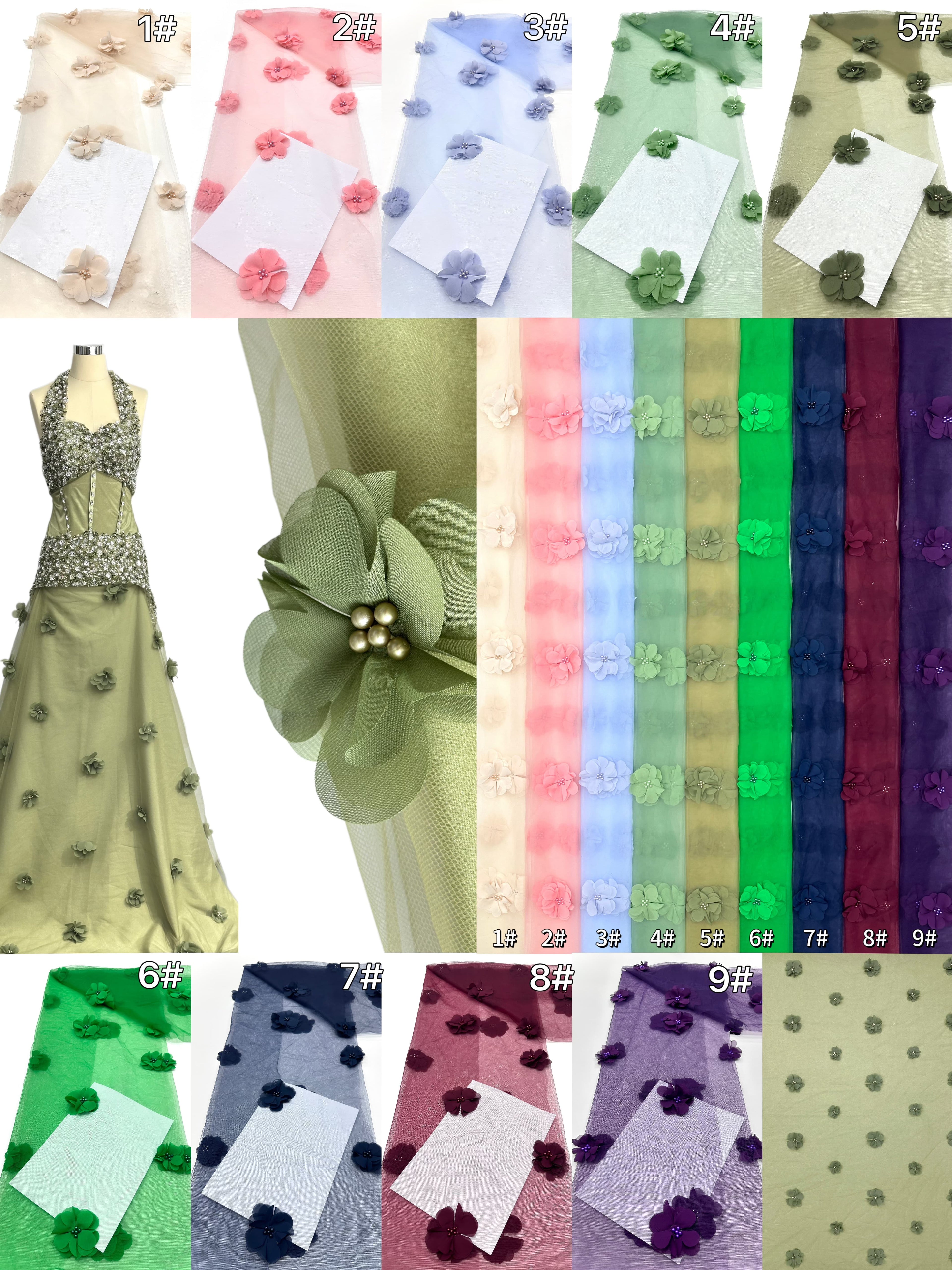 BLS6596#	3D Floral Beaded Embroidered Lace Fabric Small Flower Tulle Lace Fabric for Wedding Dresses Bridal Gowns