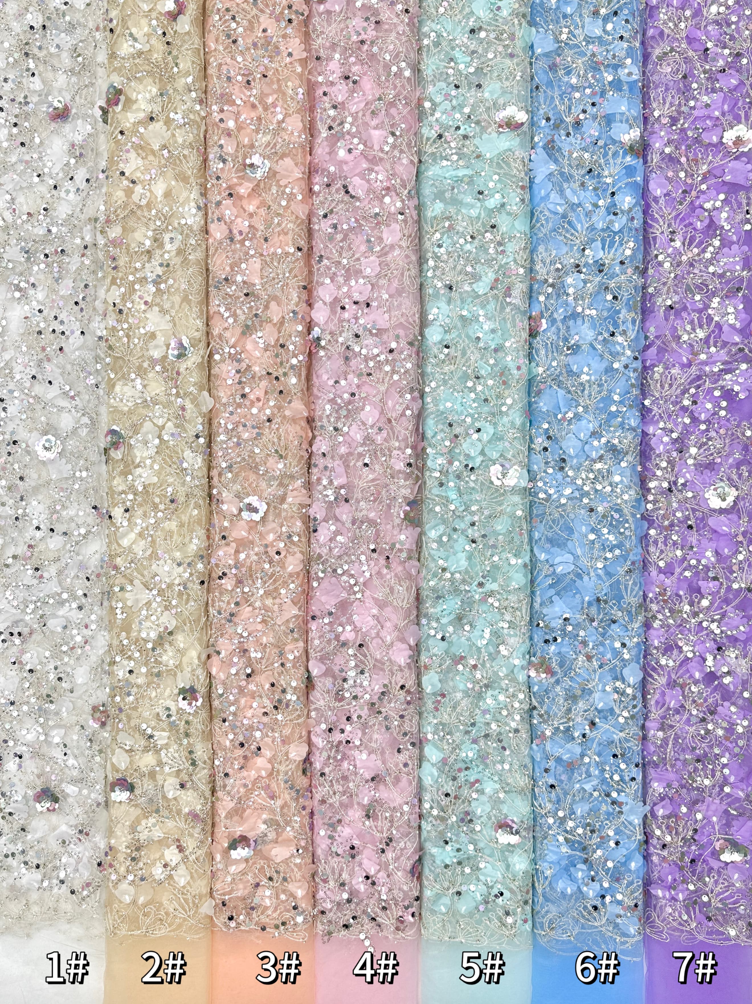 BLS6612#	Sequined Beaded Pearl Botanical Tulle Lace Fabric Embroidered Floral Allover Lace for Wedding Dresses Bridal Gowns