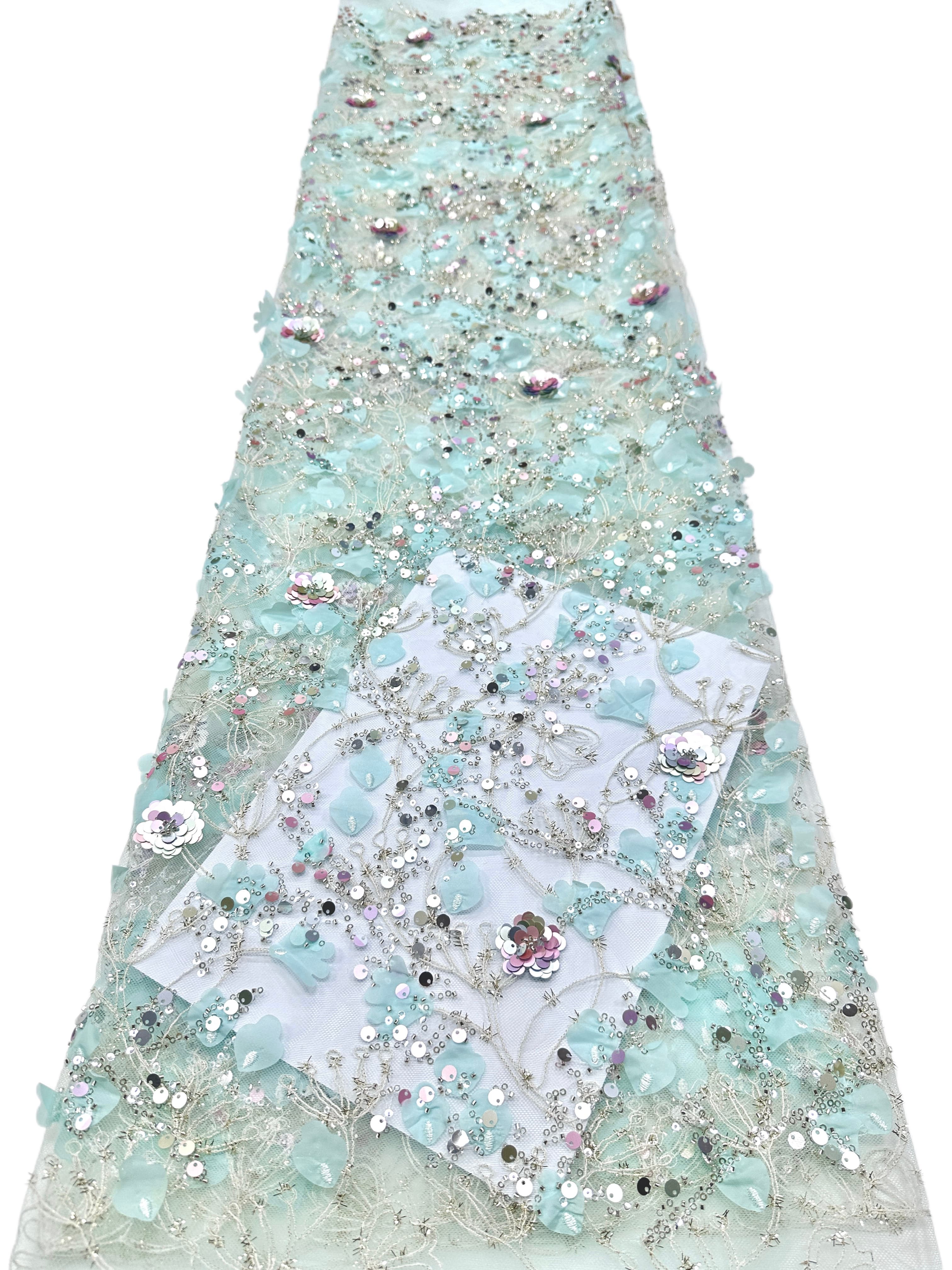 BLS6612#	Sequined Beaded Pearl Botanical Tulle Lace Fabric Embroidered Floral Allover Lace for Wedding Dresses Bridal Gowns