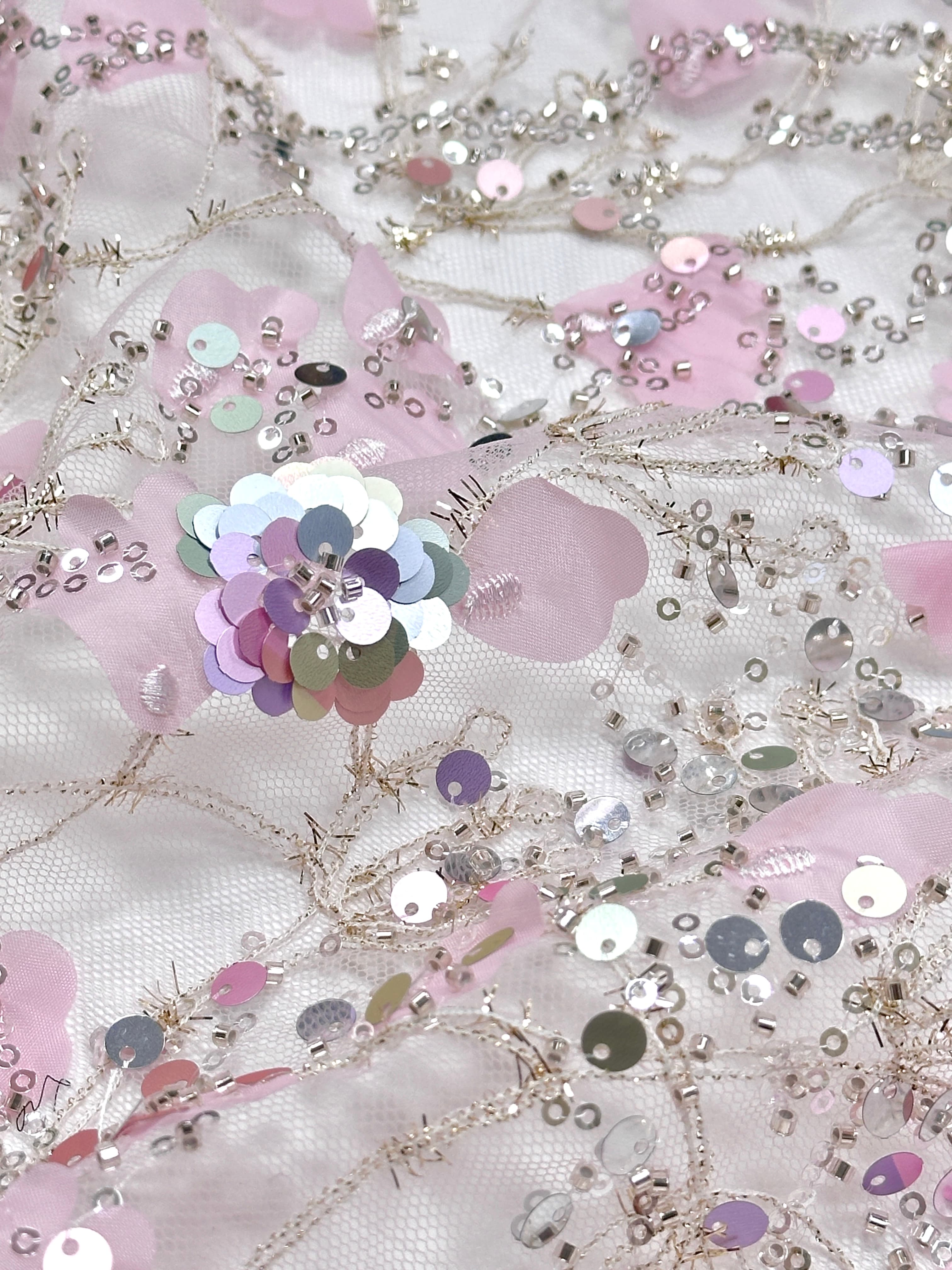 BLS6612#	Sequined Beaded Pearl Botanical Tulle Lace Fabric Embroidered Floral Allover Lace for Wedding Dresses Bridal Gowns
