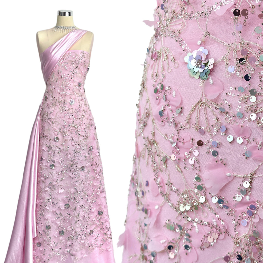 BLS6612#	Sequined Beaded Pearl Botanical Tulle Lace Fabric Embroidered Floral Allover Lace for Wedding Dresses Bridal Gowns