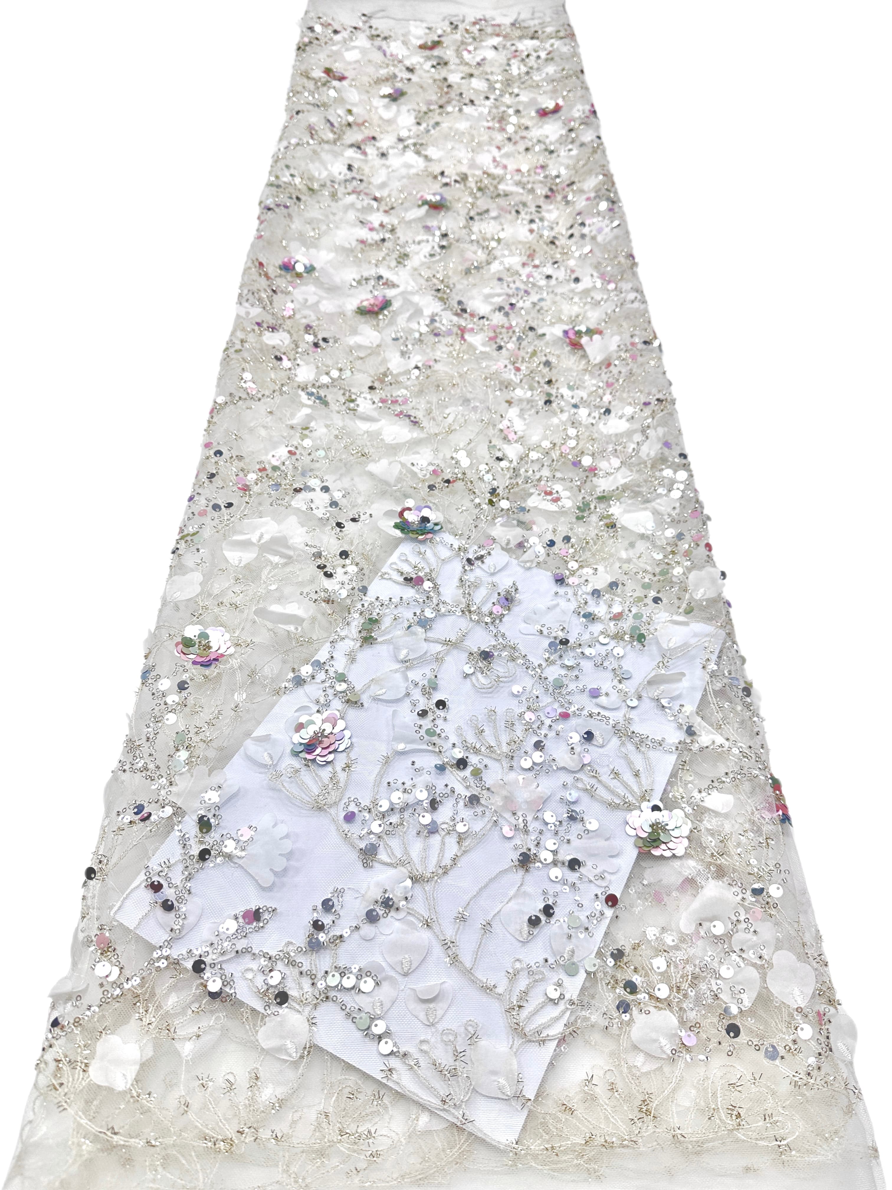 BLS6612#	Sequined Beaded Pearl Botanical Tulle Lace Fabric Embroidered Floral Allover Lace for Wedding Dresses Bridal Gowns