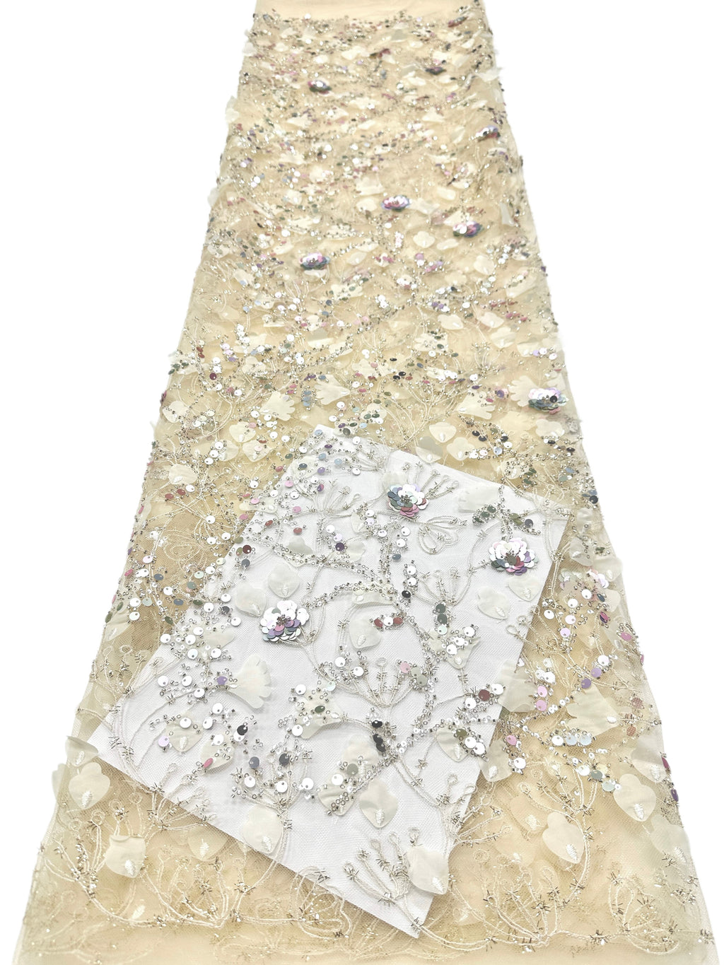 BLS6612#	Sequined Beaded Pearl Botanical Tulle Lace Fabric Embroidered Floral Allover Lace for Wedding Dresses Bridal Gowns