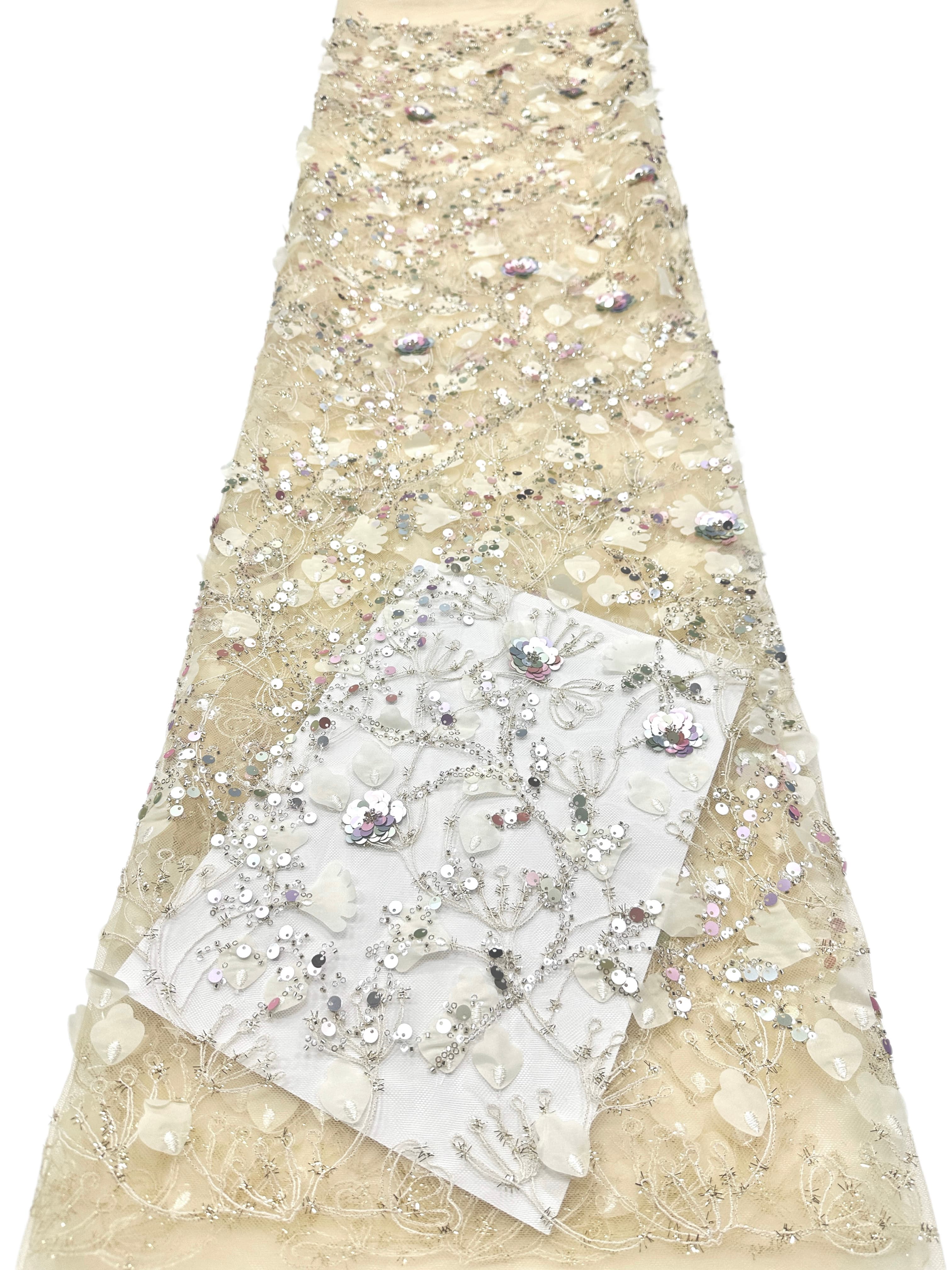 BLS6612#	Sequined Beaded Pearl Botanical Tulle Lace Fabric Embroidered Floral Allover Lace for Wedding Dresses Bridal Gowns
