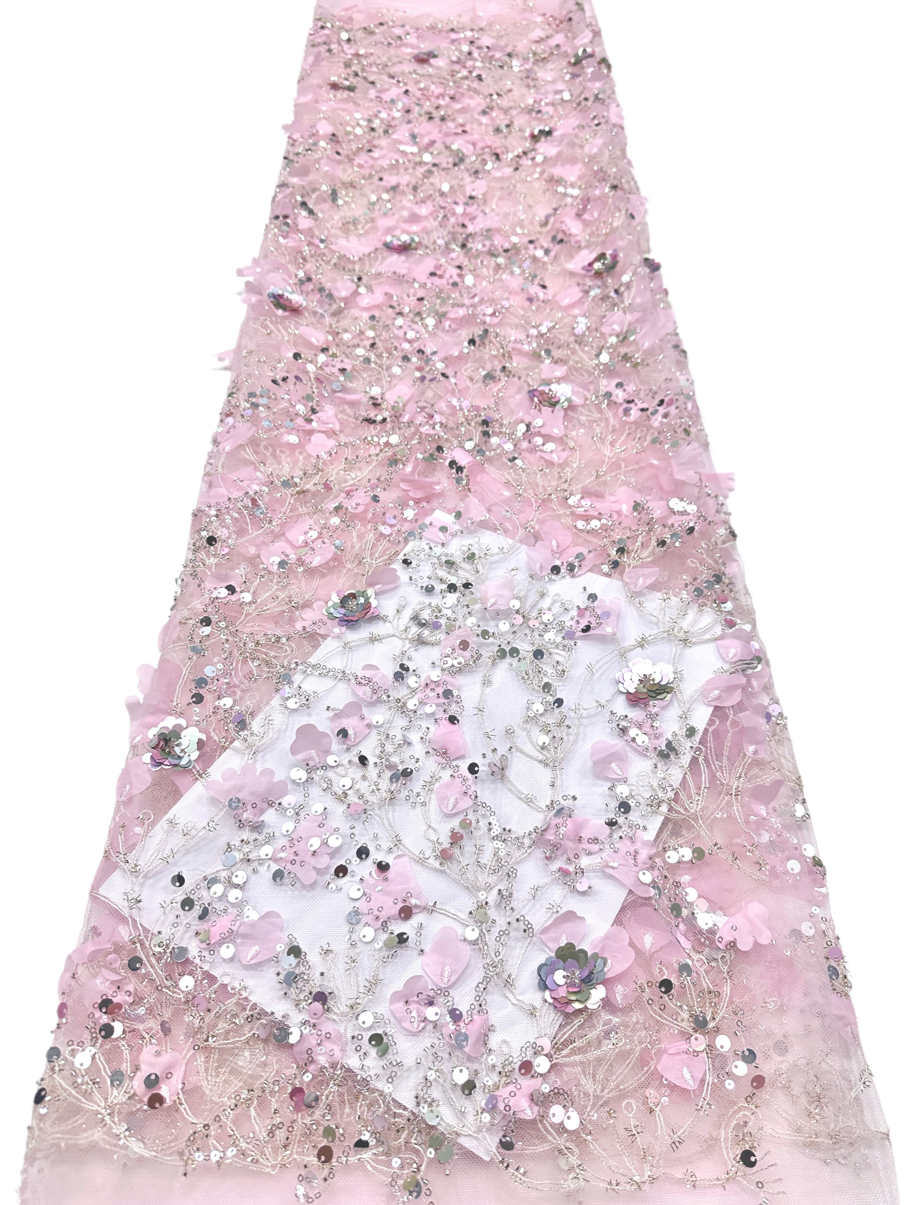 BLS6612#	Sequined Beaded Pearl Botanical Tulle Lace Fabric Embroidered Floral Allover Lace for Wedding Dresses Bridal Gowns