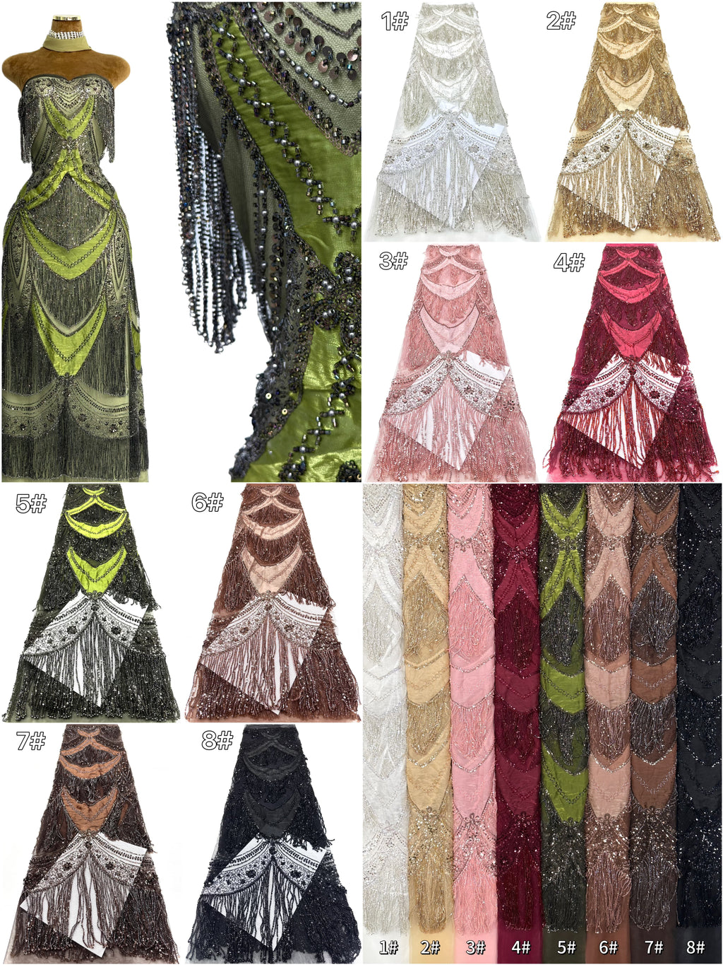 BLS6613#	Hand Beaded Fringe Tassel Lace Fabric  Geometric Sequin Embroidered Cut Panel Stretch Base  Wedding Party Gown Dress