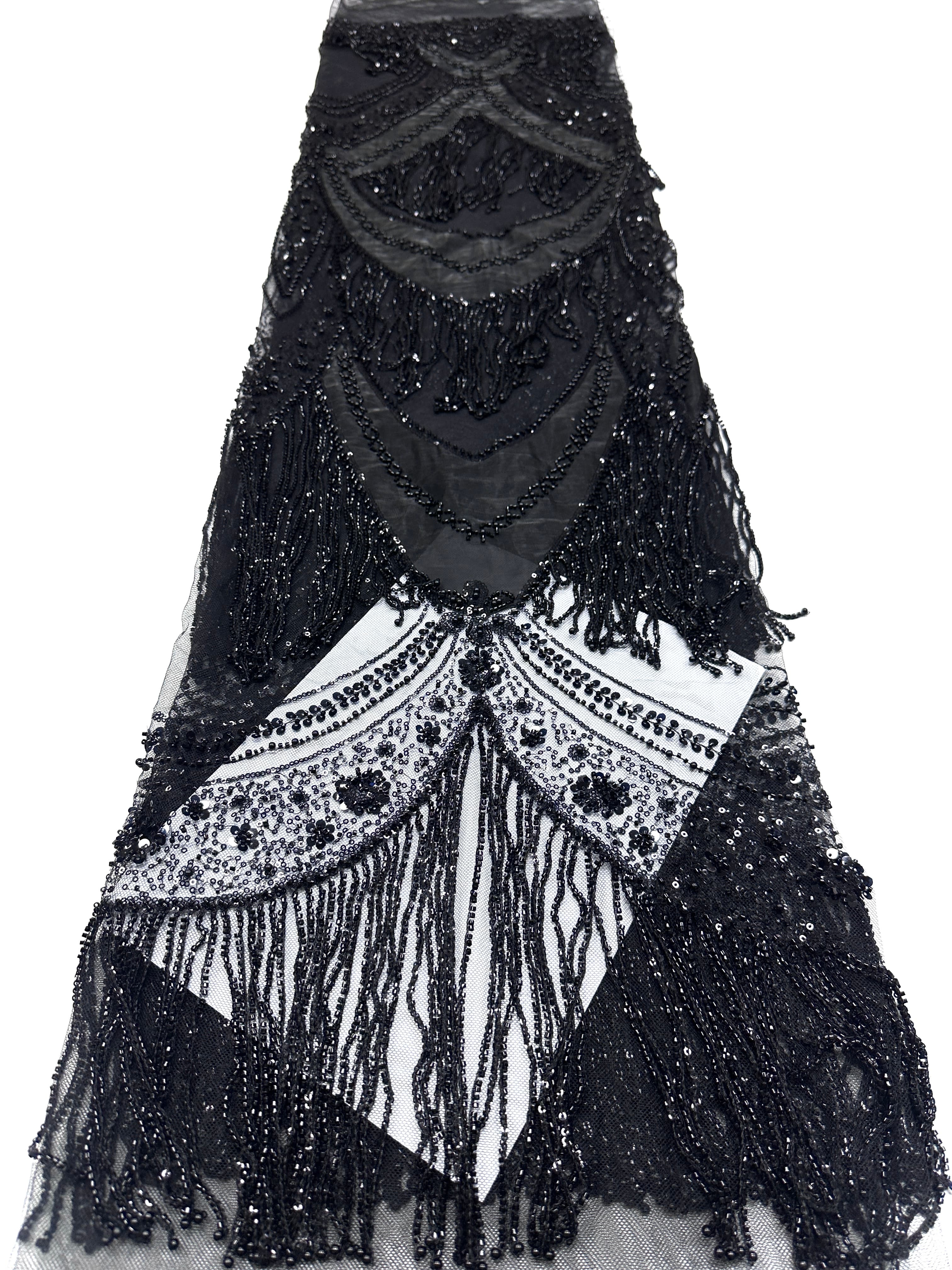 BLS6613#	Hand Beaded Fringe Tassel Lace Fabric  Geometric Sequin Embroidered Cut Panel Stretch Base  Wedding Party Gown Dress