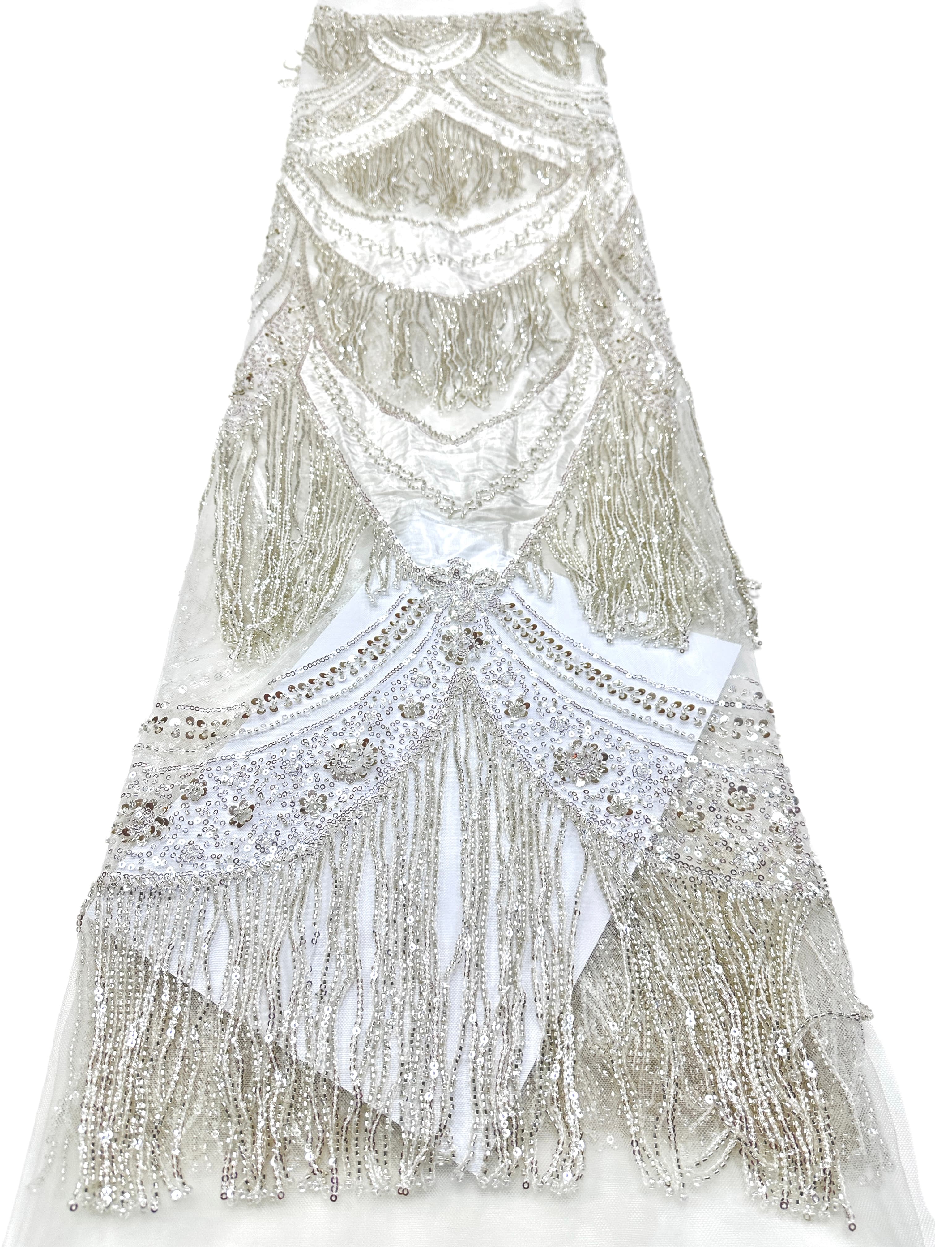 BLS6613#	Hand Beaded Fringe Tassel Lace Fabric  Geometric Sequin Embroidered Cut Panel Stretch Base  Wedding Party Gown Dress