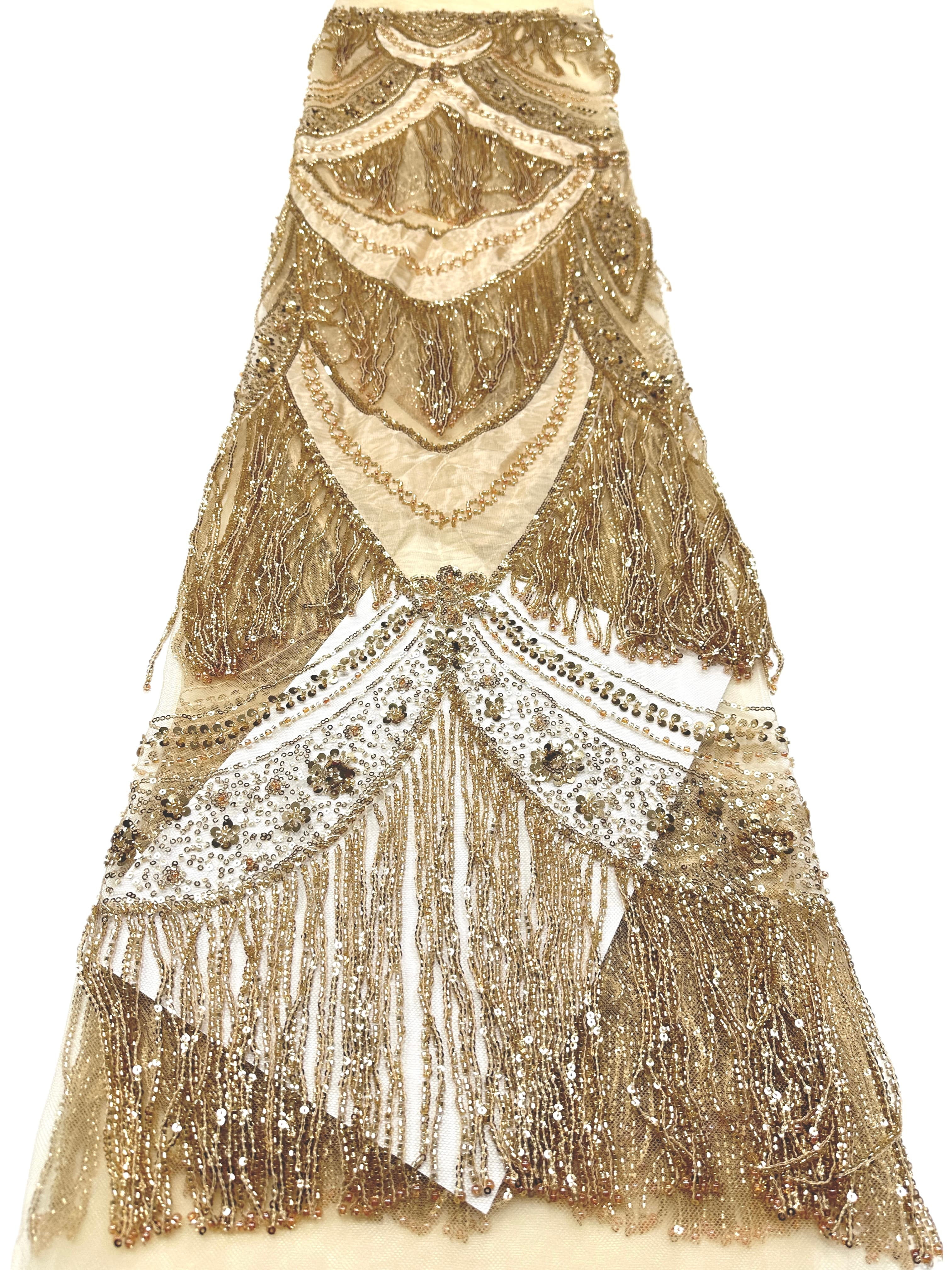 BLS6613#	Hand Beaded Fringe Tassel Lace Fabric  Geometric Sequin Embroidered Cut Panel Stretch Base  Wedding Party Gown Dress