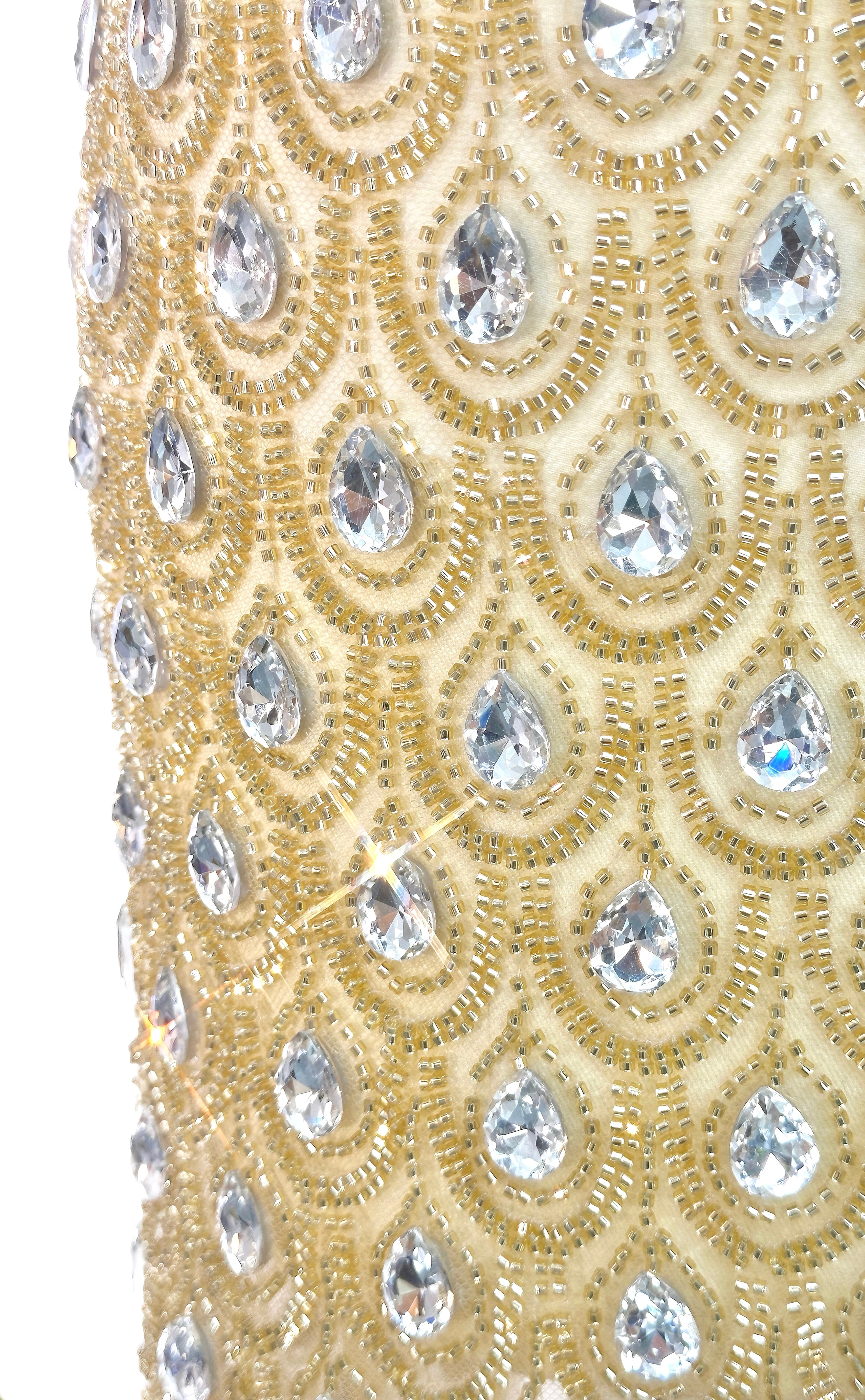 BLS6614#	Heavy Beaded Geometric Border Lace Fabric Scalloped Edge Tulle Lace Fabric for Wedding Dresses Evening Gowns