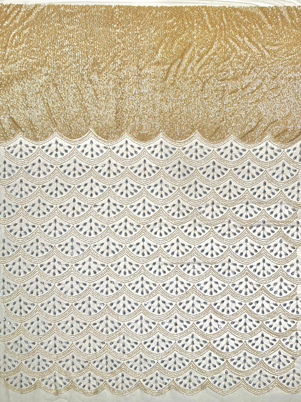 BLS6615#	Beaded Sequined Geometric Tulle Lace Fabric Scalloped Edge Embroidered Lace Fabric for Wedding Dresses