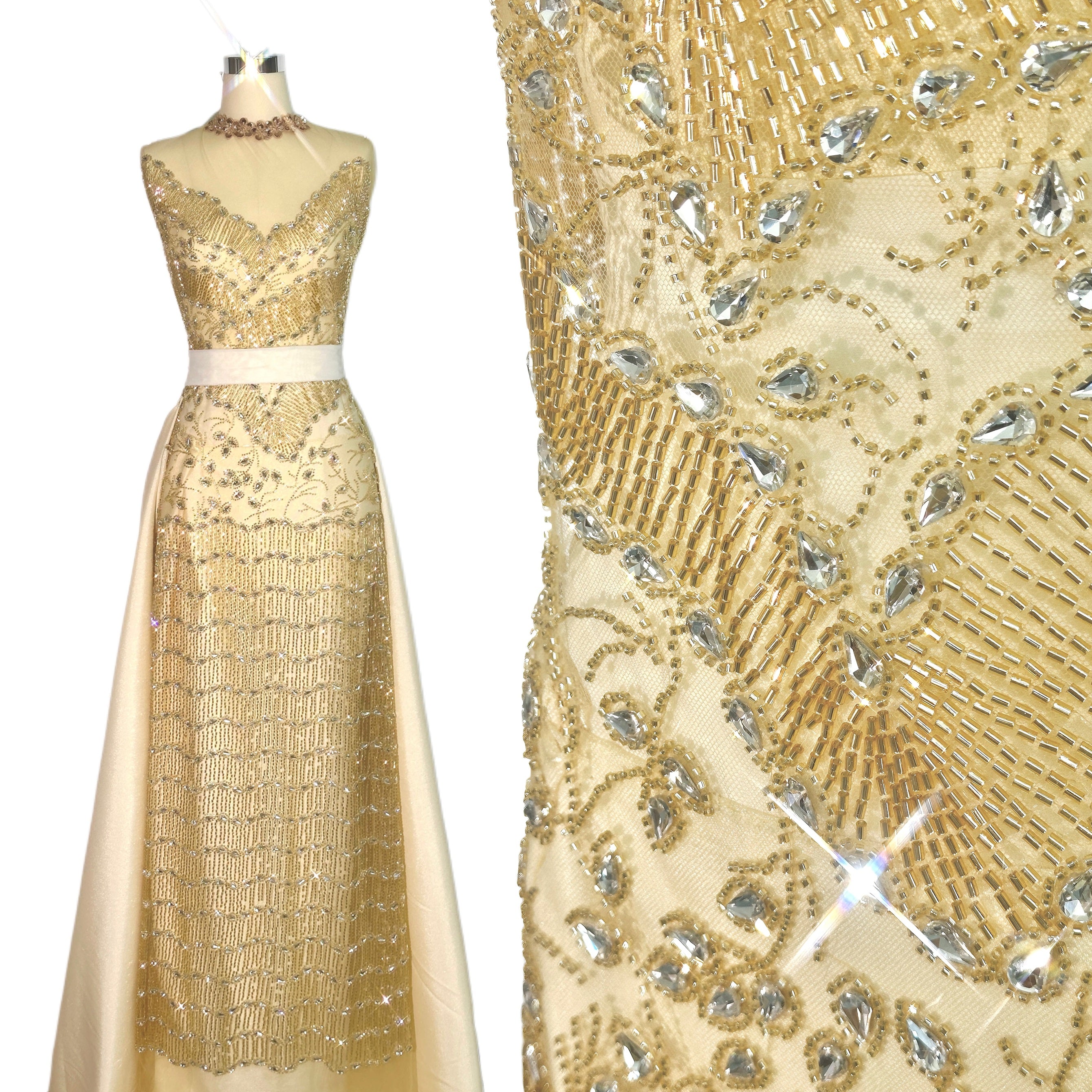 BLS6616#	Beaded Sequined Geometric Border Lace Fabric Scalloped Edge Embroidered Tulle Lace Fabric for Wedding Dresses