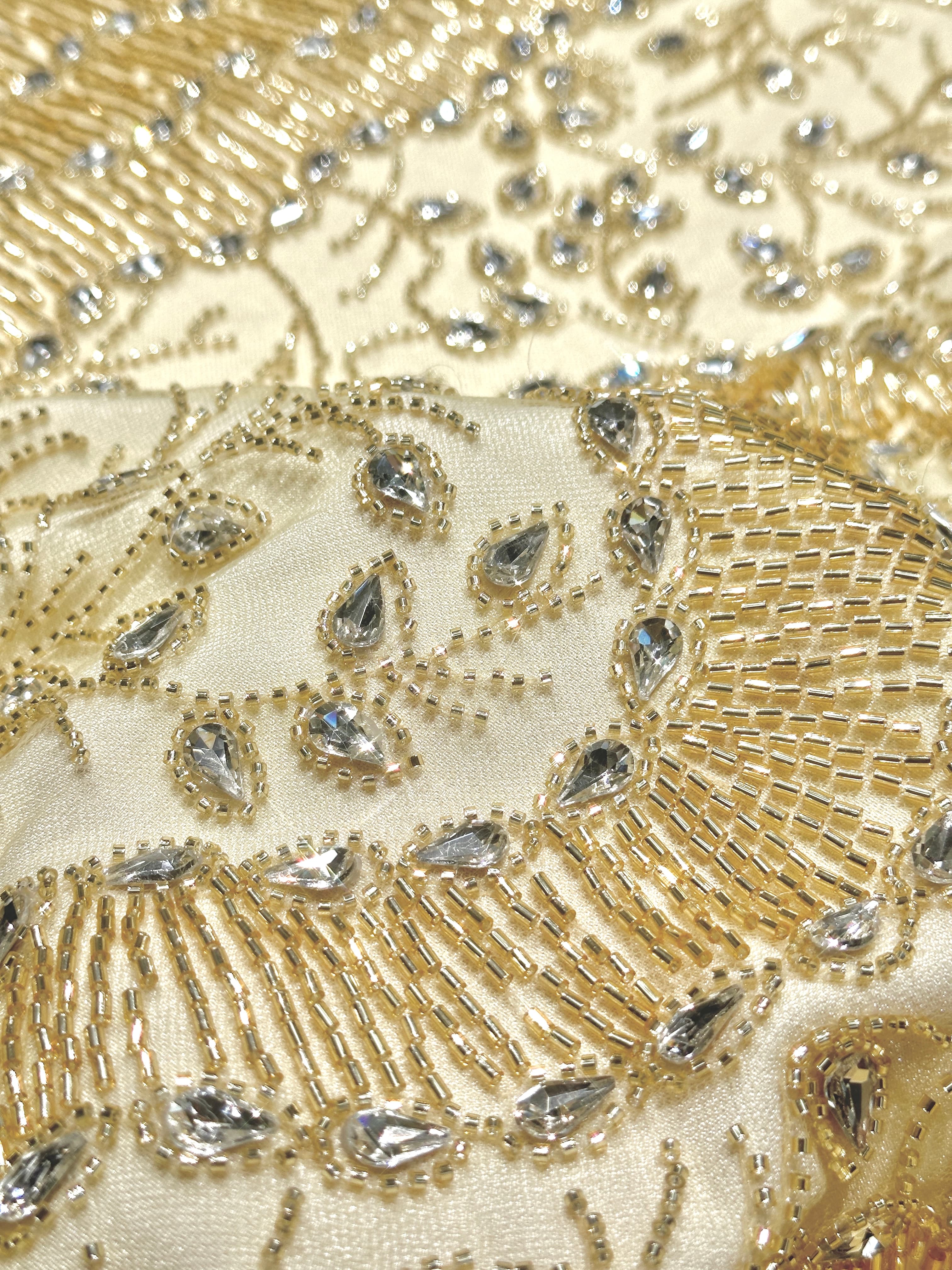 BLS6616#	Beaded Sequined Geometric Border Lace Fabric Scalloped Edge Embroidered Tulle Lace Fabric for Wedding Dresses