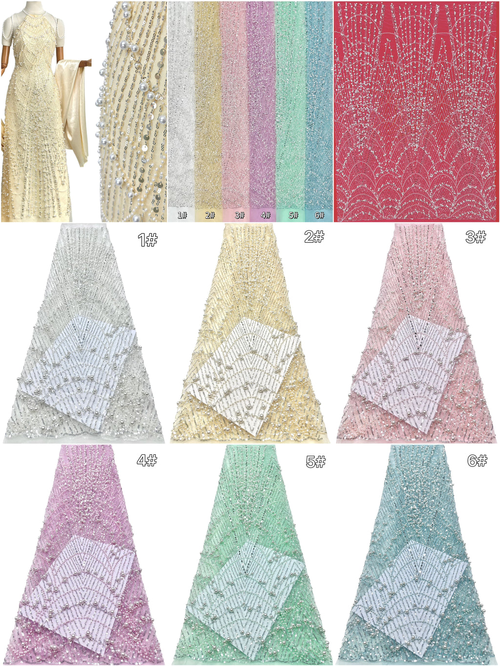 BLS6617#	Pearl Beaded Sequined Geometric Tulle Lace Fabric Embroidered Allover Lace Fabric for Wedding Dresses