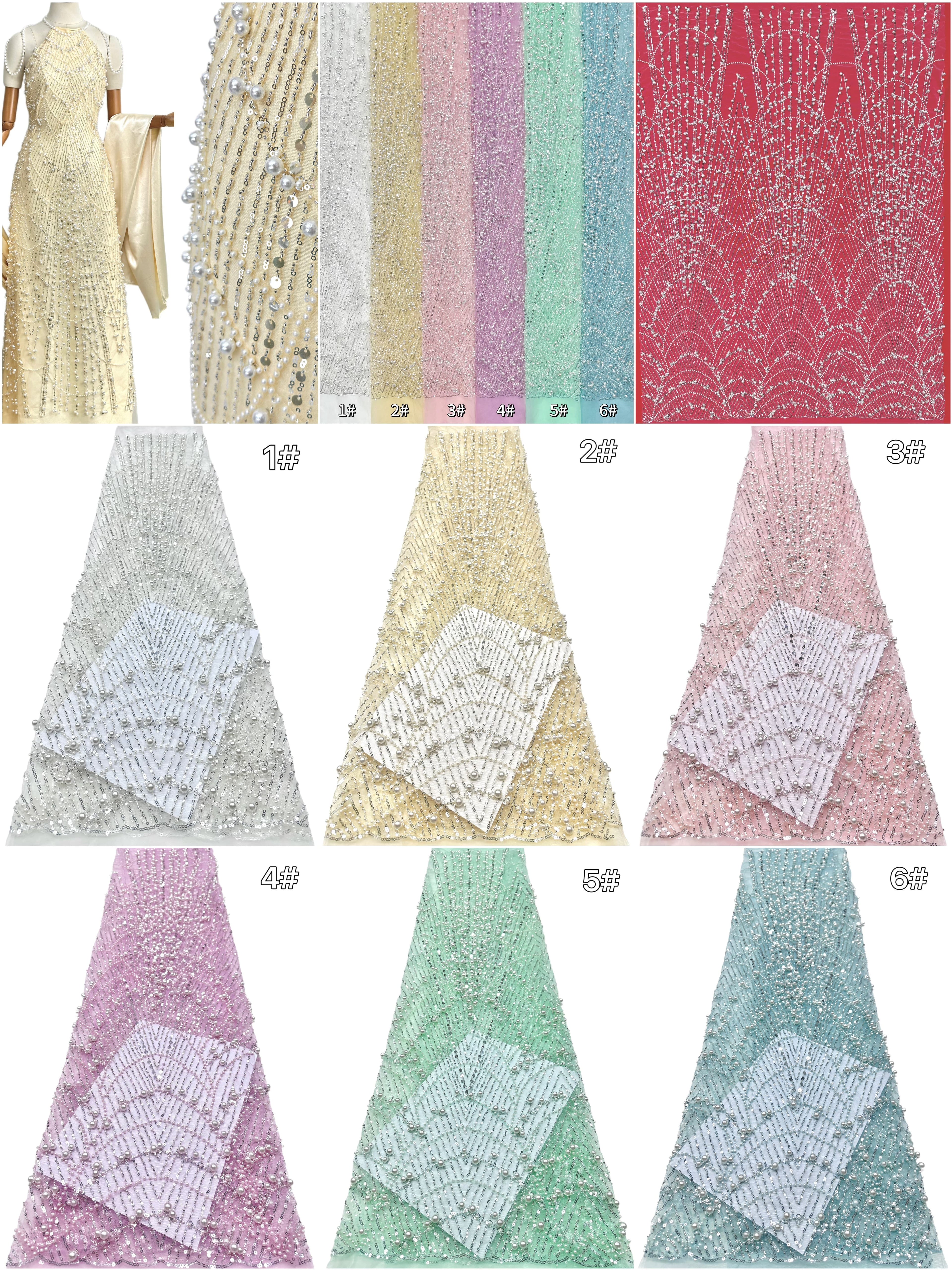 BLS6617#	Pearl Beaded Sequined Geometric Tulle Lace Fabric Embroidered Allover Lace Fabric for Wedding Dresses