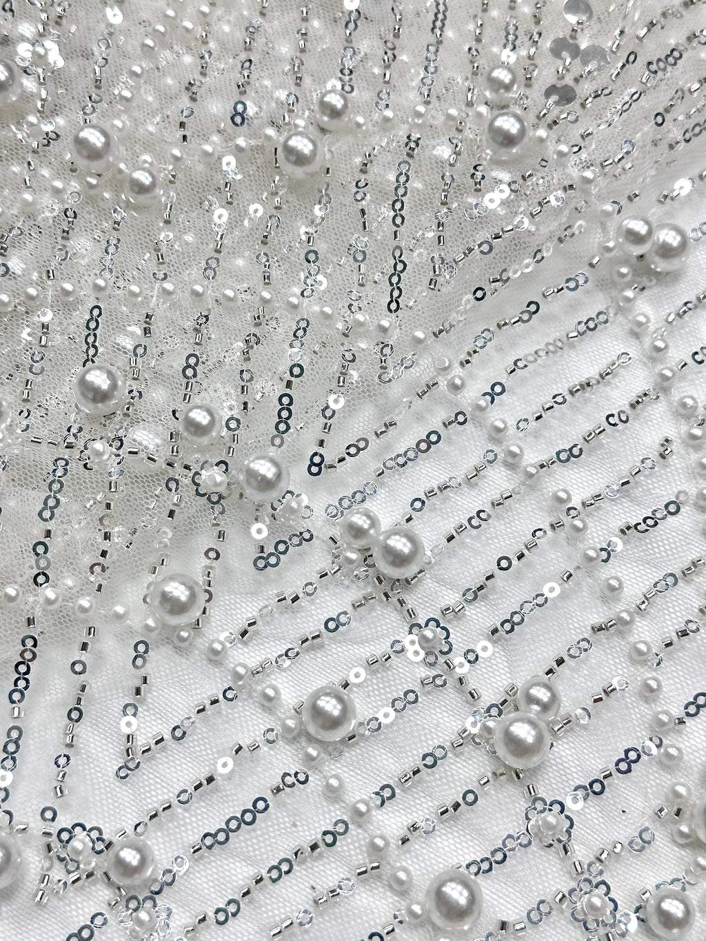 BLS6617#	Pearl Beaded Sequined Geometric Tulle Lace Fabric Embroidered Allover Lace Fabric for Wedding Dresses