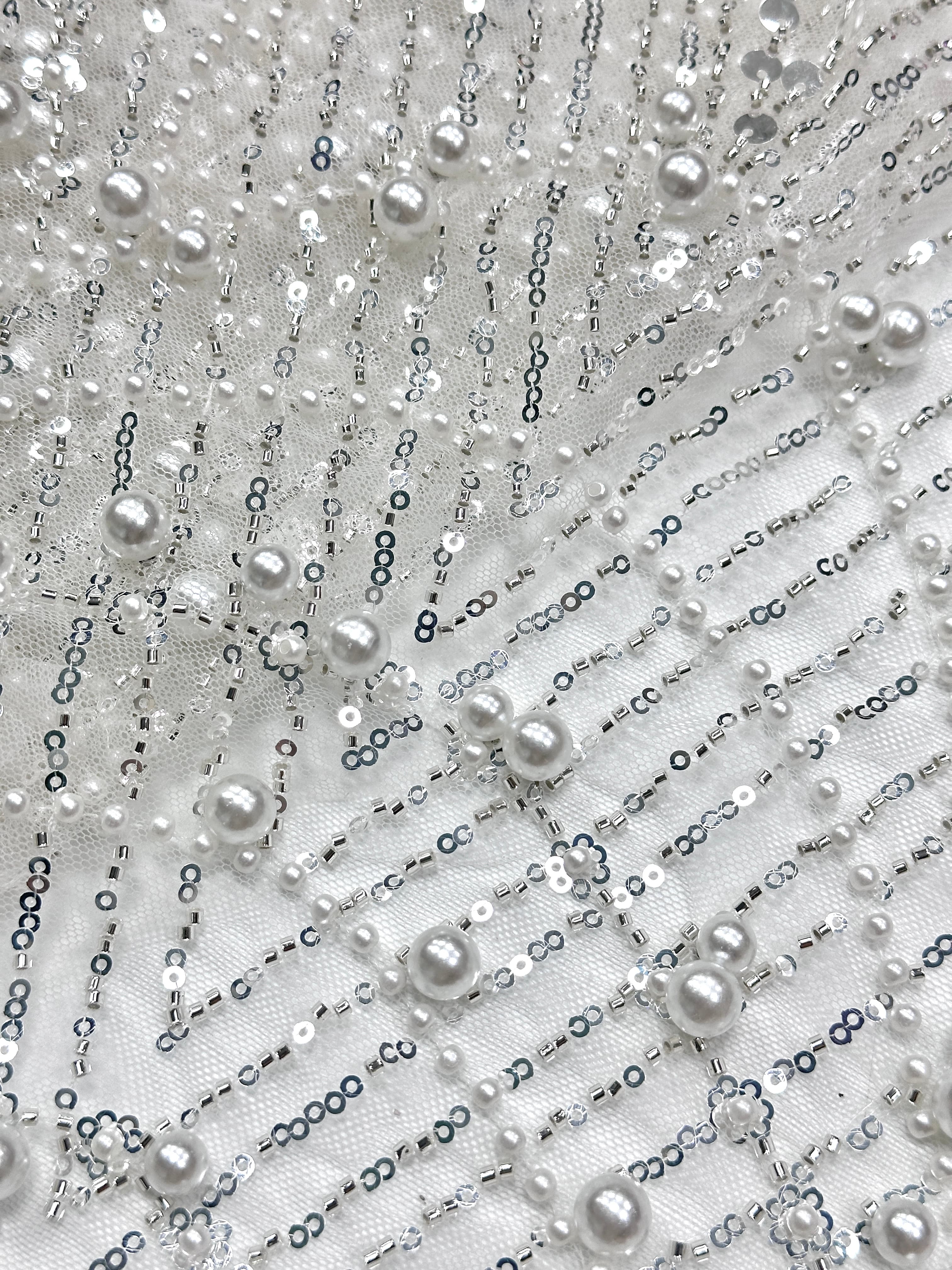 BLS6617#	Pearl Beaded Sequined Geometric Tulle Lace Fabric Embroidered Allover Lace Fabric for Wedding Dresses