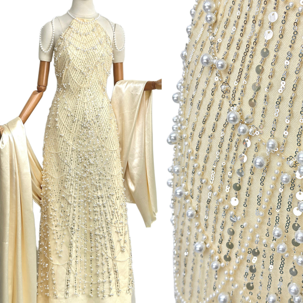 BLS6617#	Pearl Beaded Sequined Geometric Tulle Lace Fabric Embroidered Allover Lace Fabric for Wedding Dresses