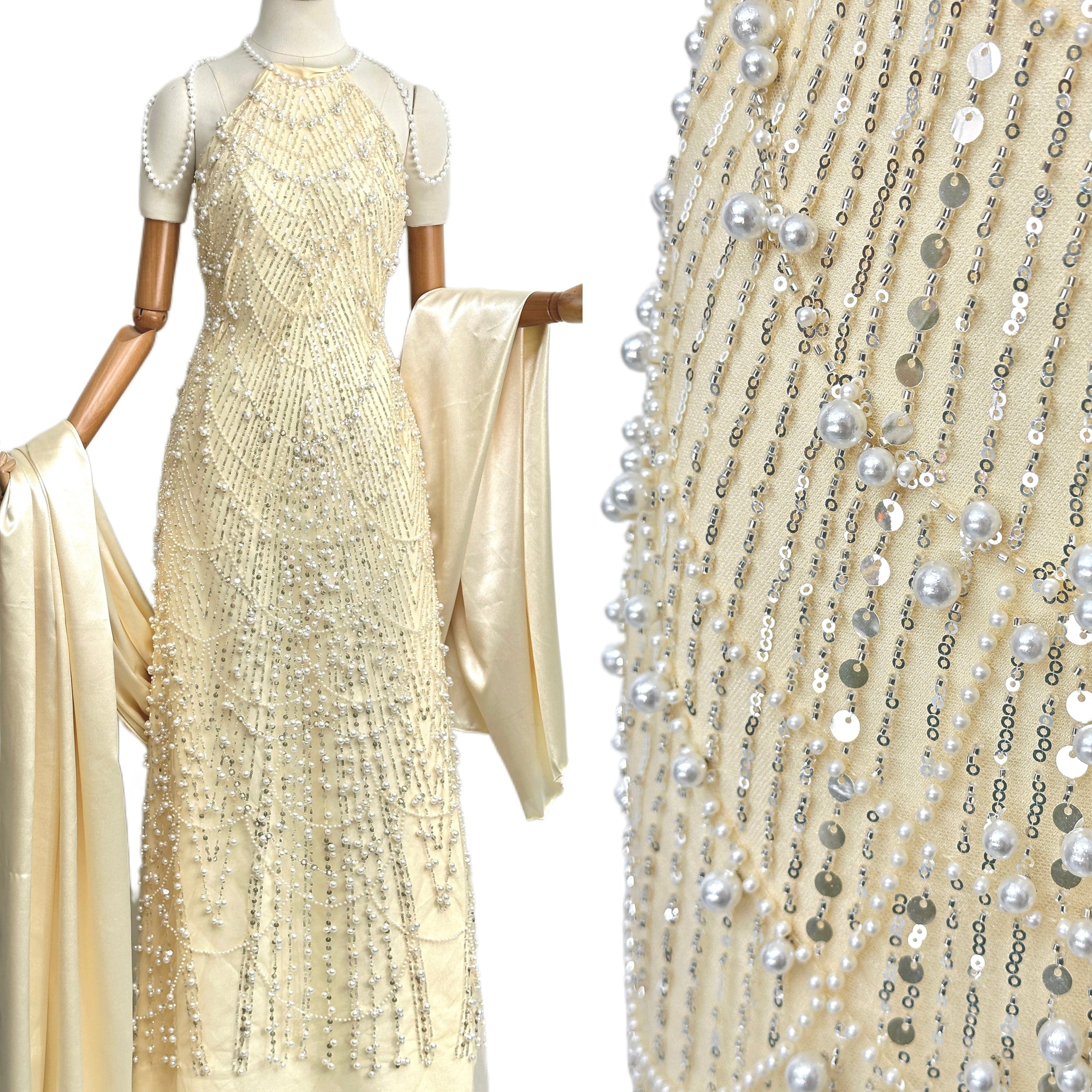 BLS6617#	Pearl Beaded Sequined Geometric Tulle Lace Fabric Embroidered Allover Lace Fabric for Wedding Dresses