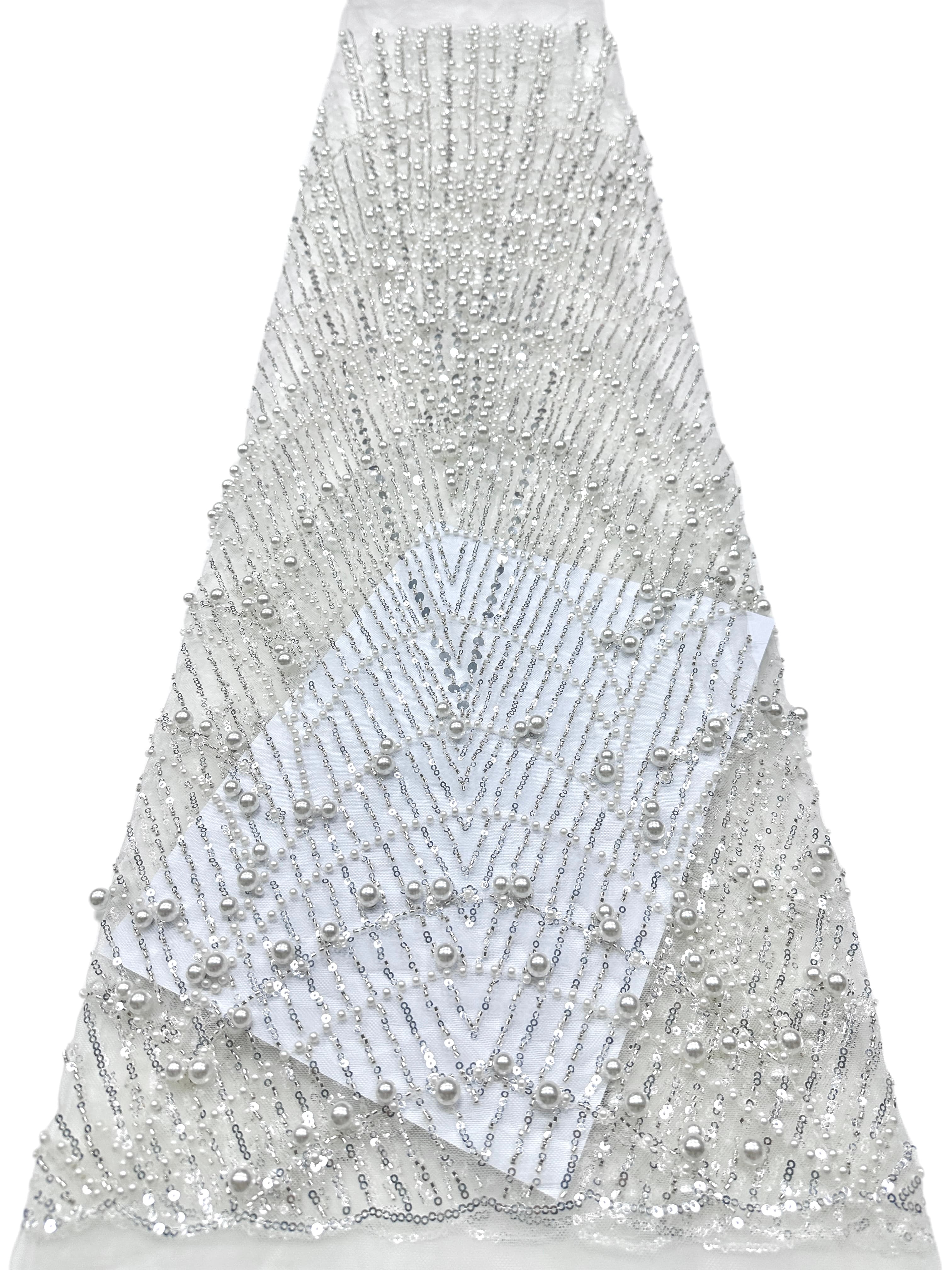 BLS6617#	Pearl Beaded Sequined Geometric Tulle Lace Fabric Embroidered Allover Lace Fabric for Wedding Dresses