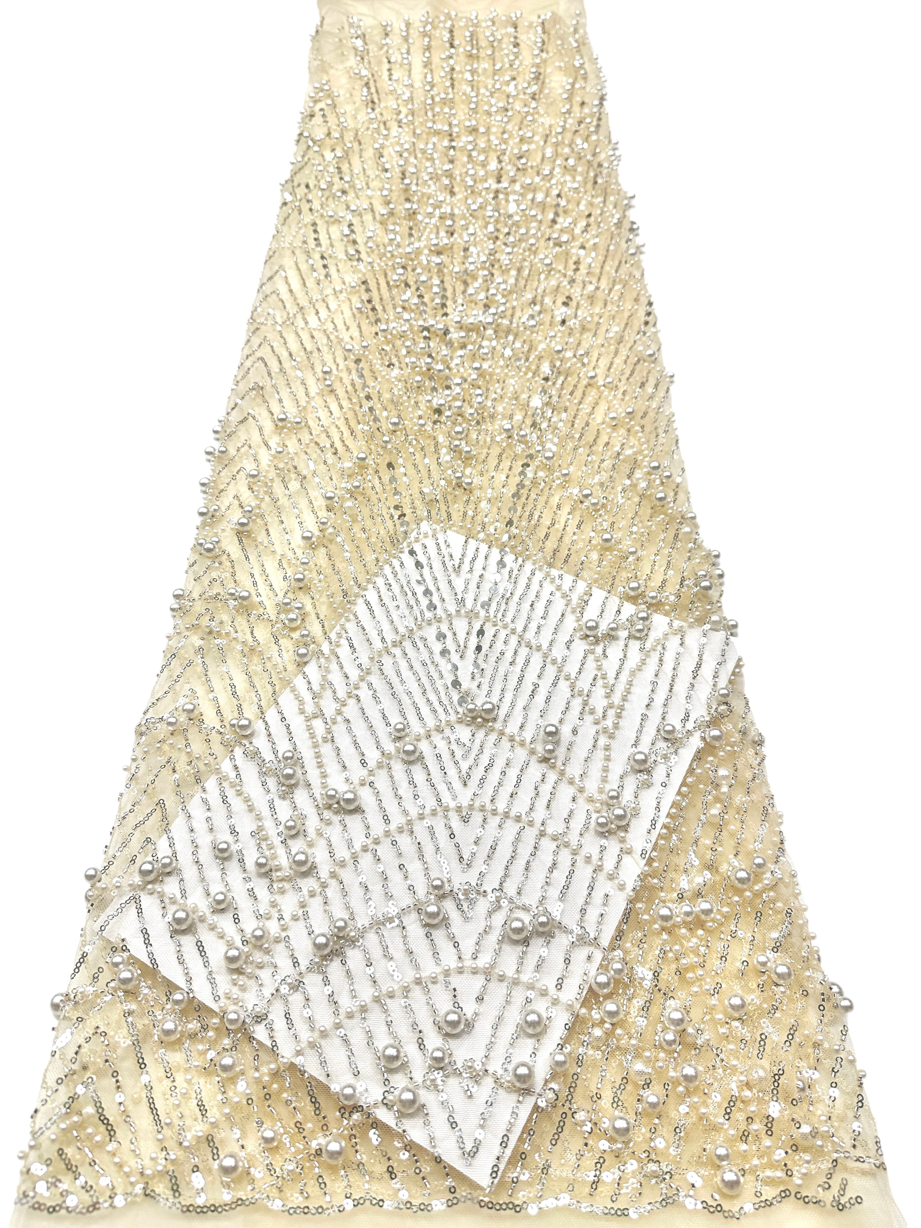 BLS6617#	Pearl Beaded Sequined Geometric Tulle Lace Fabric Embroidered Allover Lace Fabric for Wedding Dresses