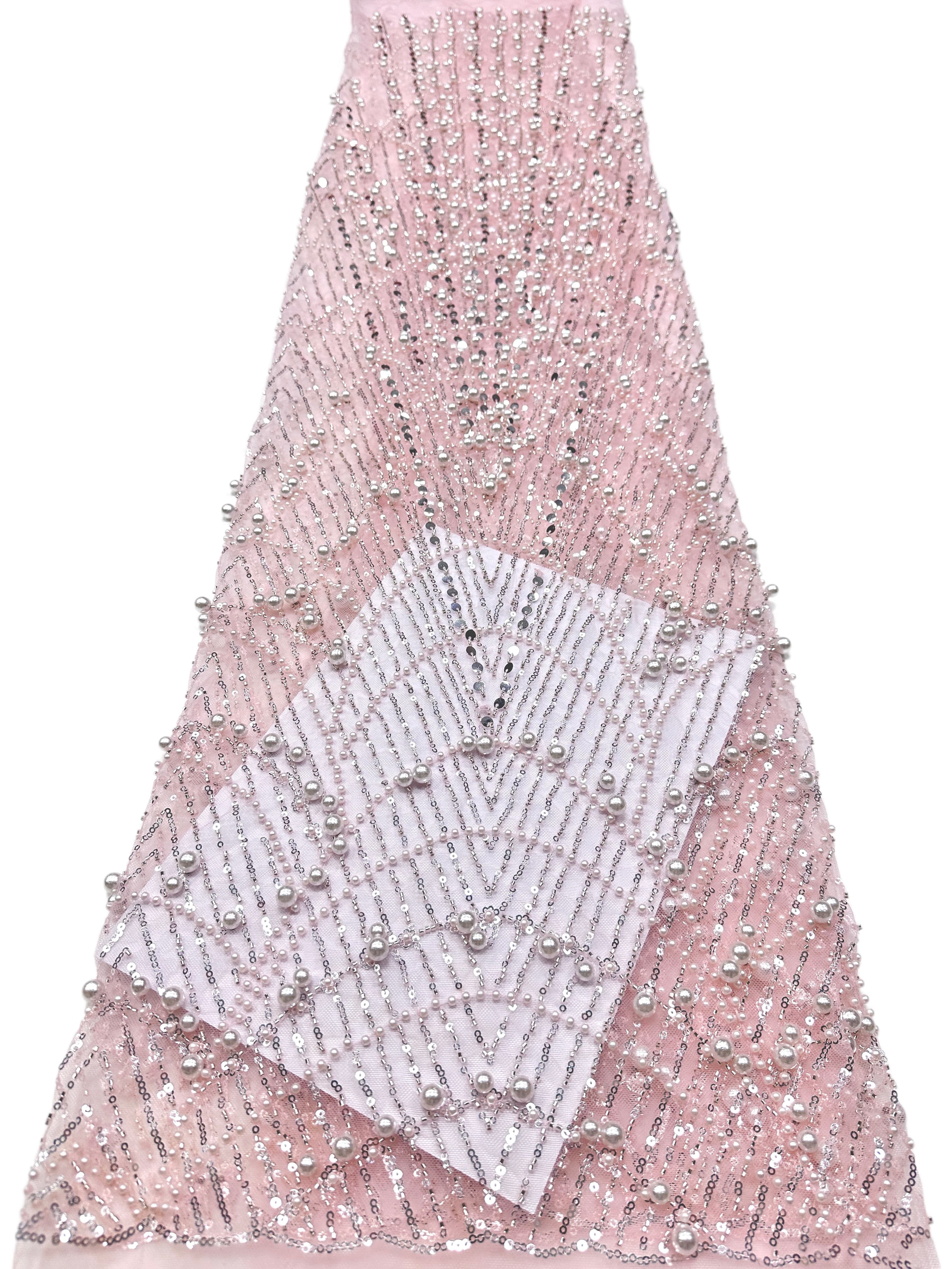 BLS6617#	Pearl Beaded Sequined Geometric Tulle Lace Fabric Embroidered Allover Lace Fabric for Wedding Dresses