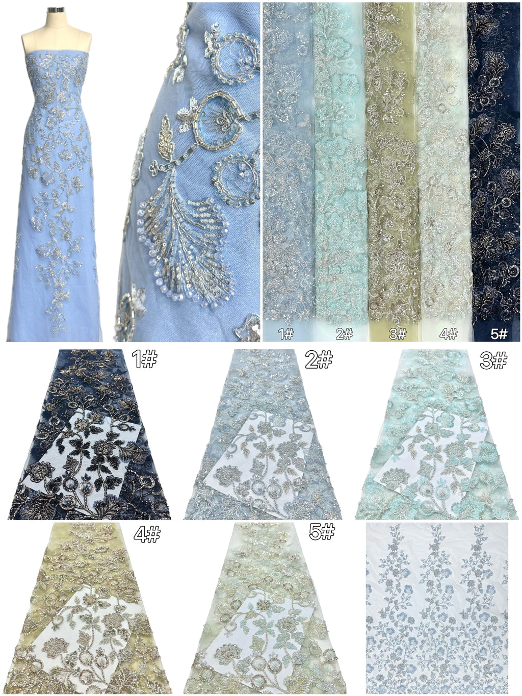 BLS6623#	Beaded Sequined Leaf Vine Embroidered Tulle Lace Fabric Floral Border Lace Fabric for Wedding Dresses
