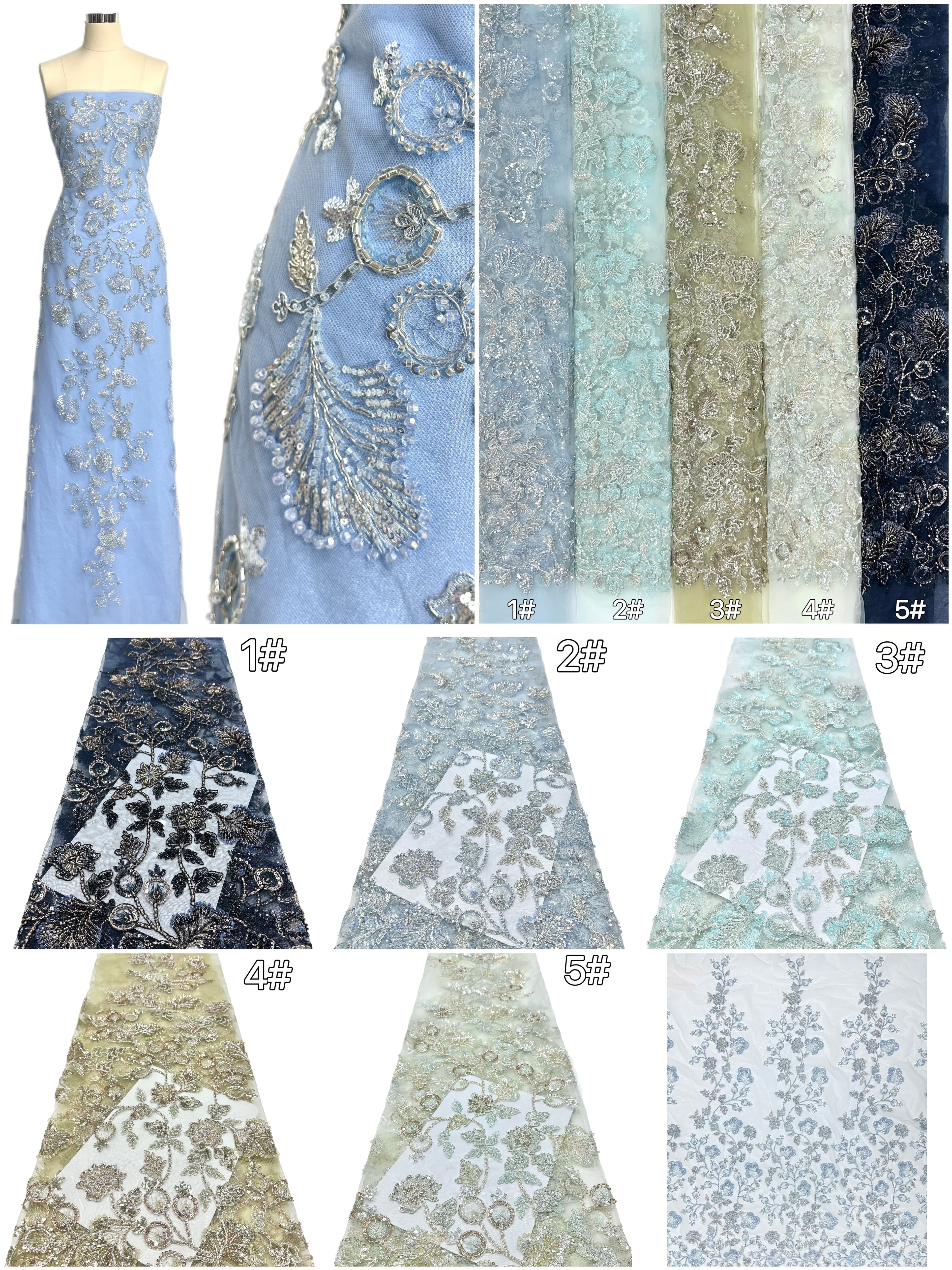 BLS6623#	Beaded Sequined Leaf Vine Embroidered Tulle Lace Fabric Floral Border Lace Fabric for Wedding Dresses
