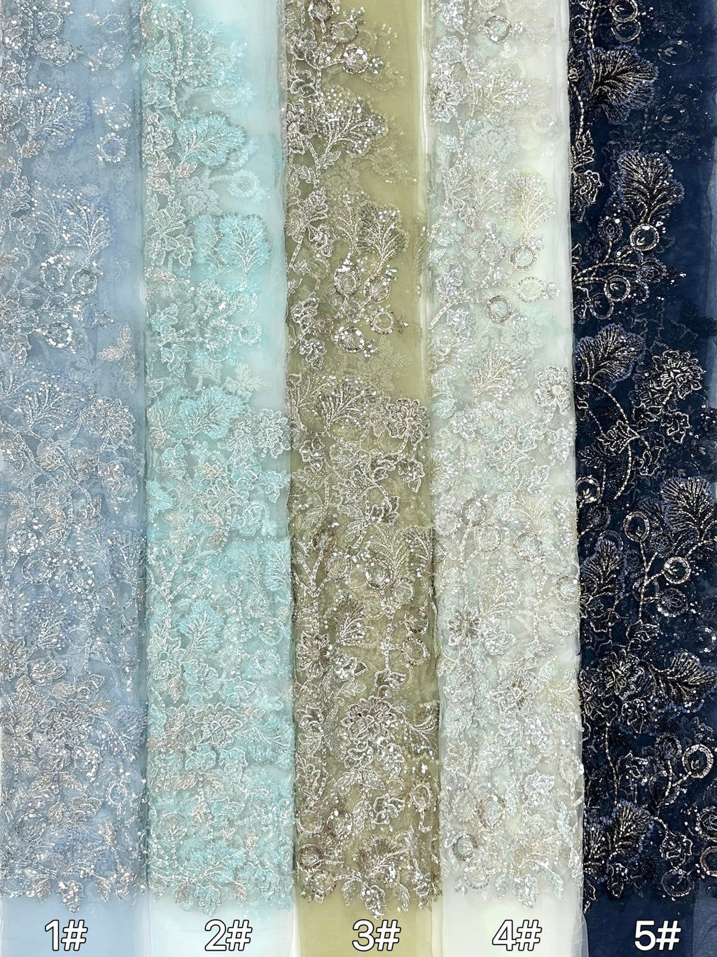 BLS6623#	Beaded Sequined Leaf Vine Embroidered Tulle Lace Fabric Floral Border Lace Fabric for Wedding Dresses