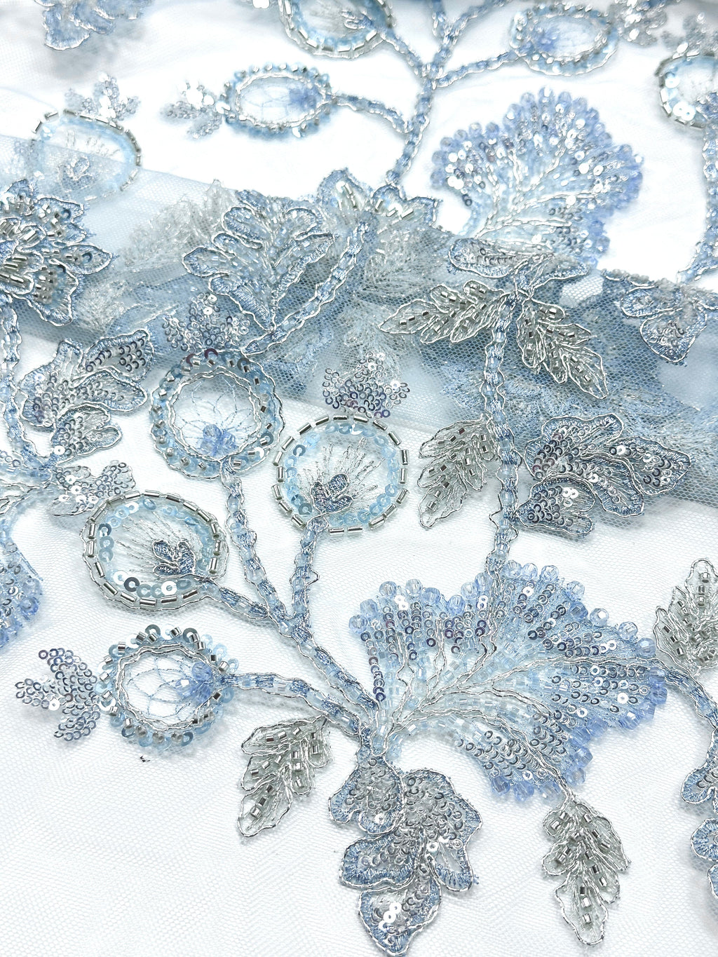 BLS6623#	Beaded Sequined Leaf Vine Embroidered Tulle Lace Fabric Floral Border Lace Fabric for Wedding Dresses