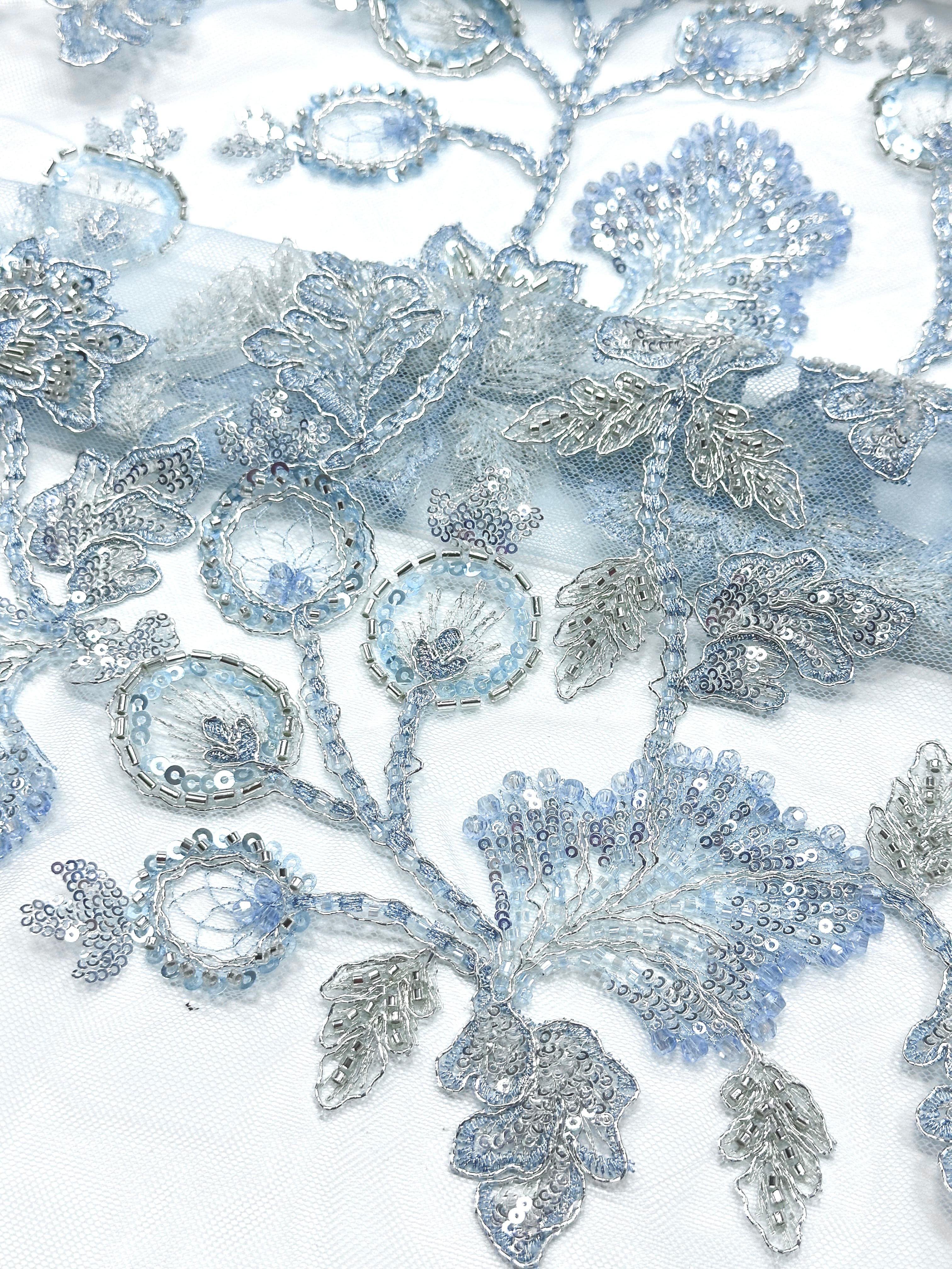 BLS6623#	Beaded Sequined Leaf Vine Embroidered Tulle Lace Fabric Floral Border Lace Fabric for Wedding Dresses