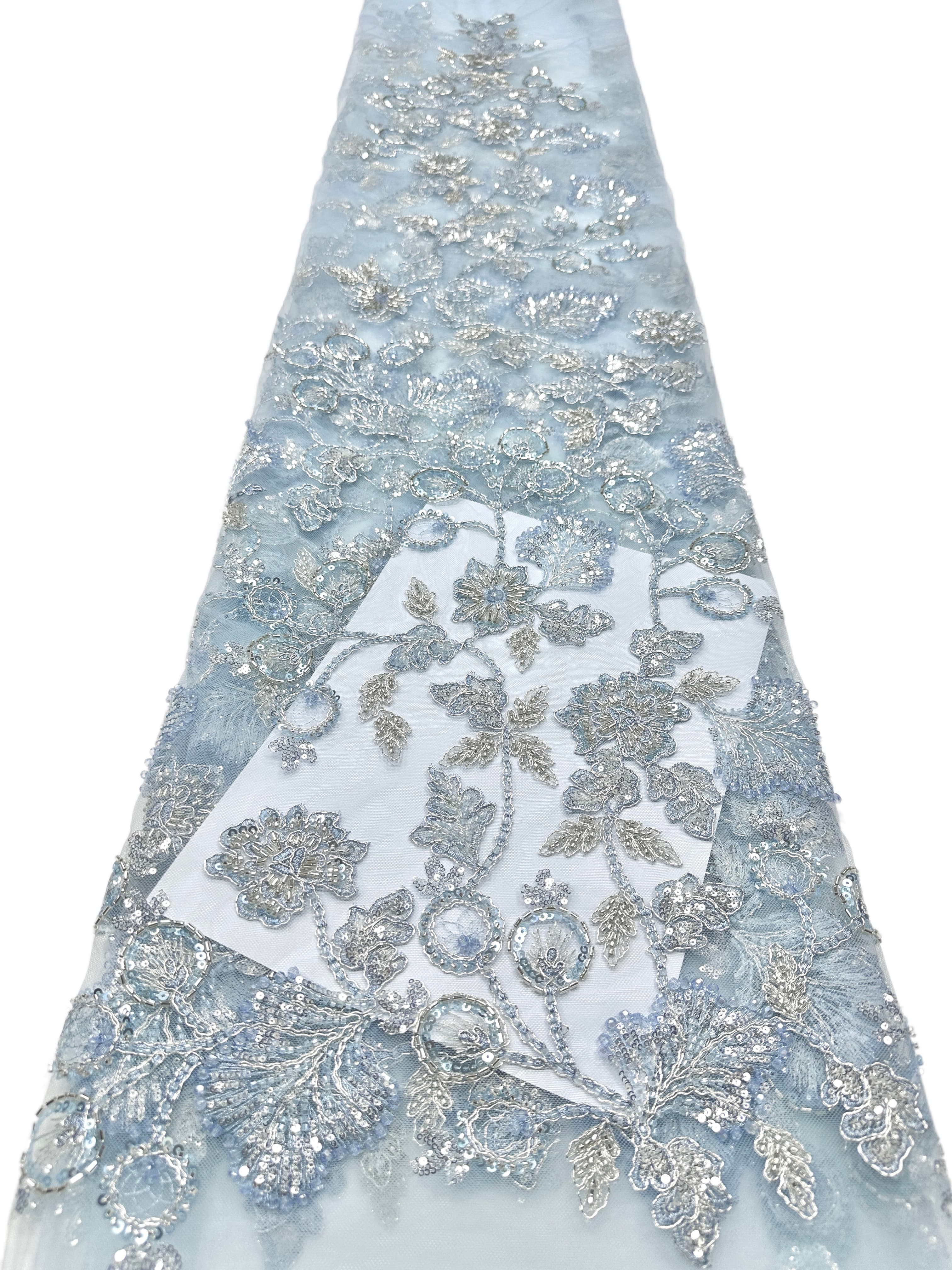 BLS6623#	Beaded Sequined Leaf Vine Embroidered Tulle Lace Fabric Floral Border Lace Fabric for Wedding Dresses