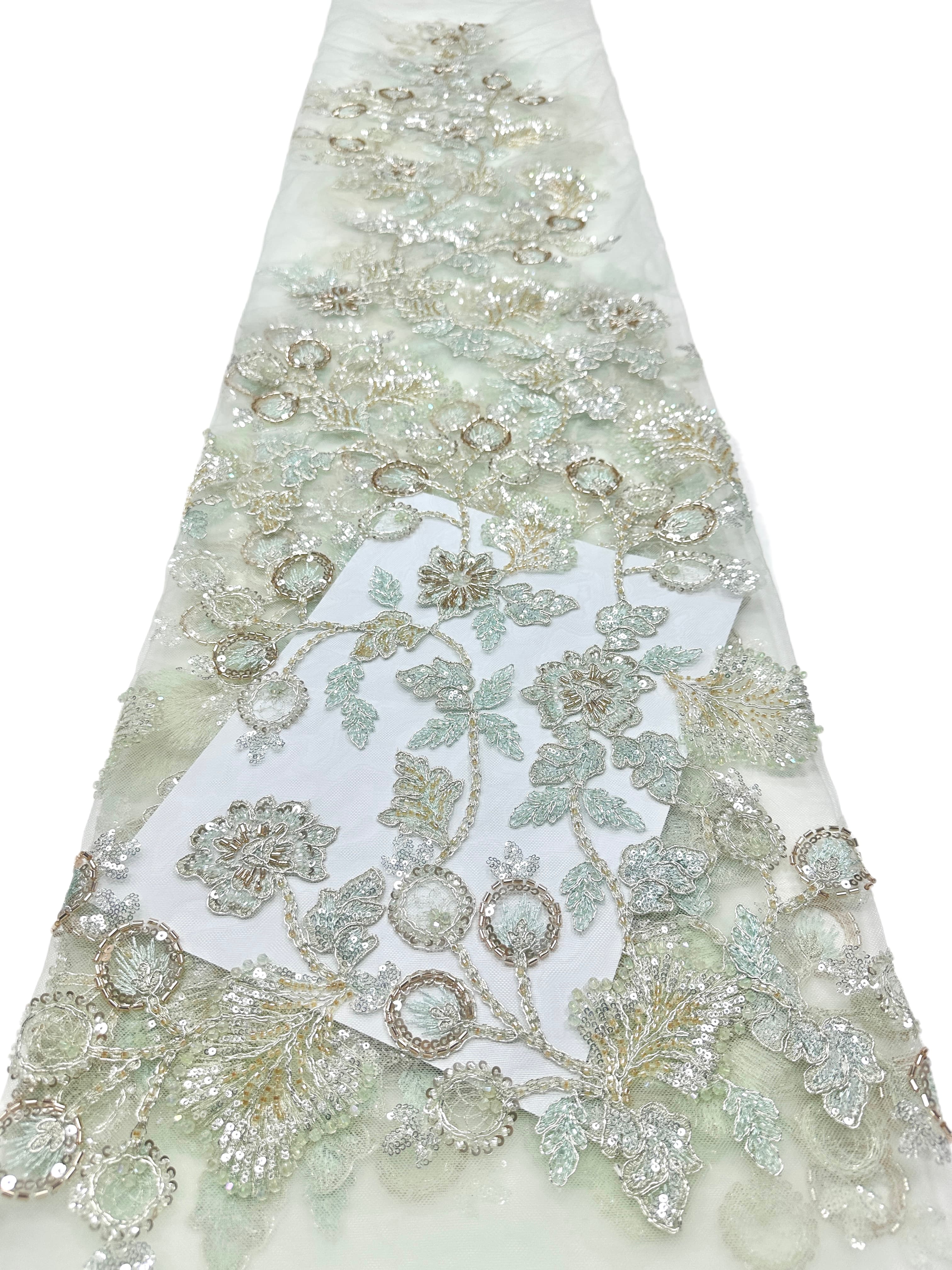 BLS6623#	Beaded Sequined Leaf Vine Embroidered Tulle Lace Fabric Floral Border Lace Fabric for Wedding Dresses