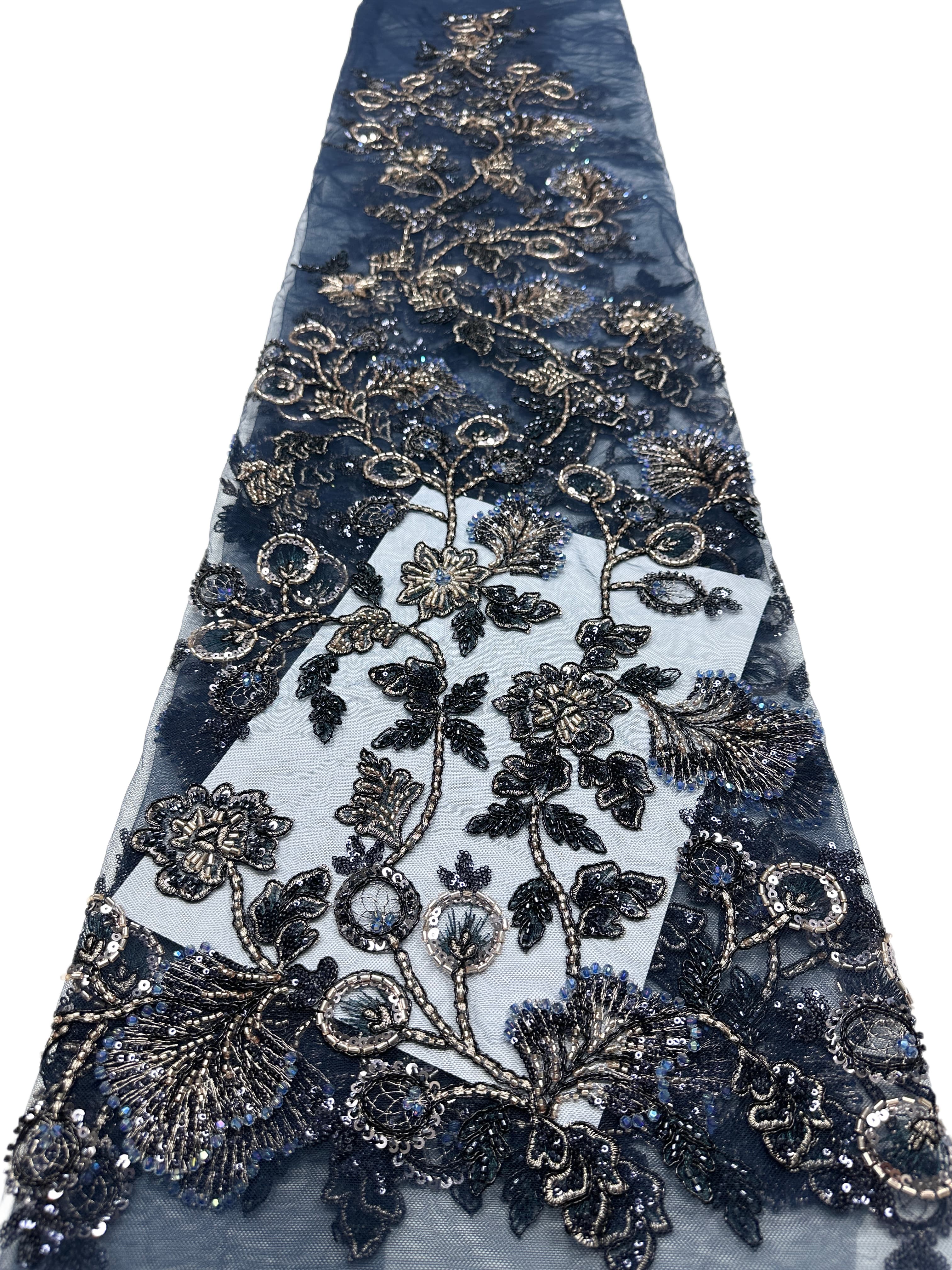 BLS6623#	Beaded Sequined Leaf Vine Embroidered Tulle Lace Fabric Floral Border Lace Fabric for Wedding Dresses