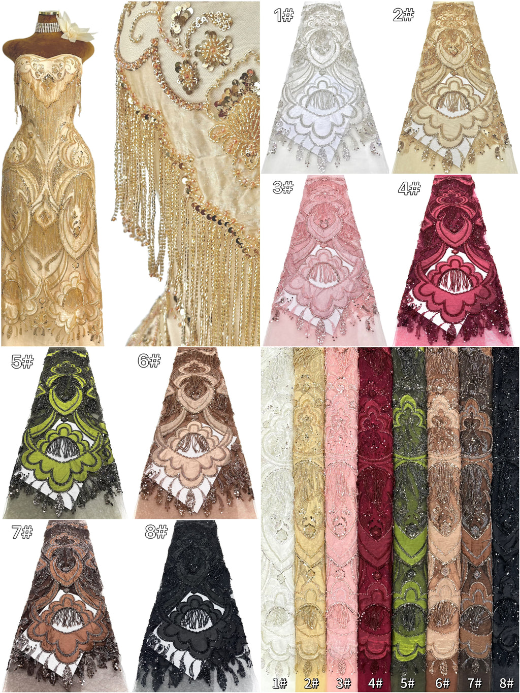 BLS6624#	Heavy Beaded Sequined Embroidered Botanical Tulle Lace Fabric for Wedding Dresses Bridal Gowns