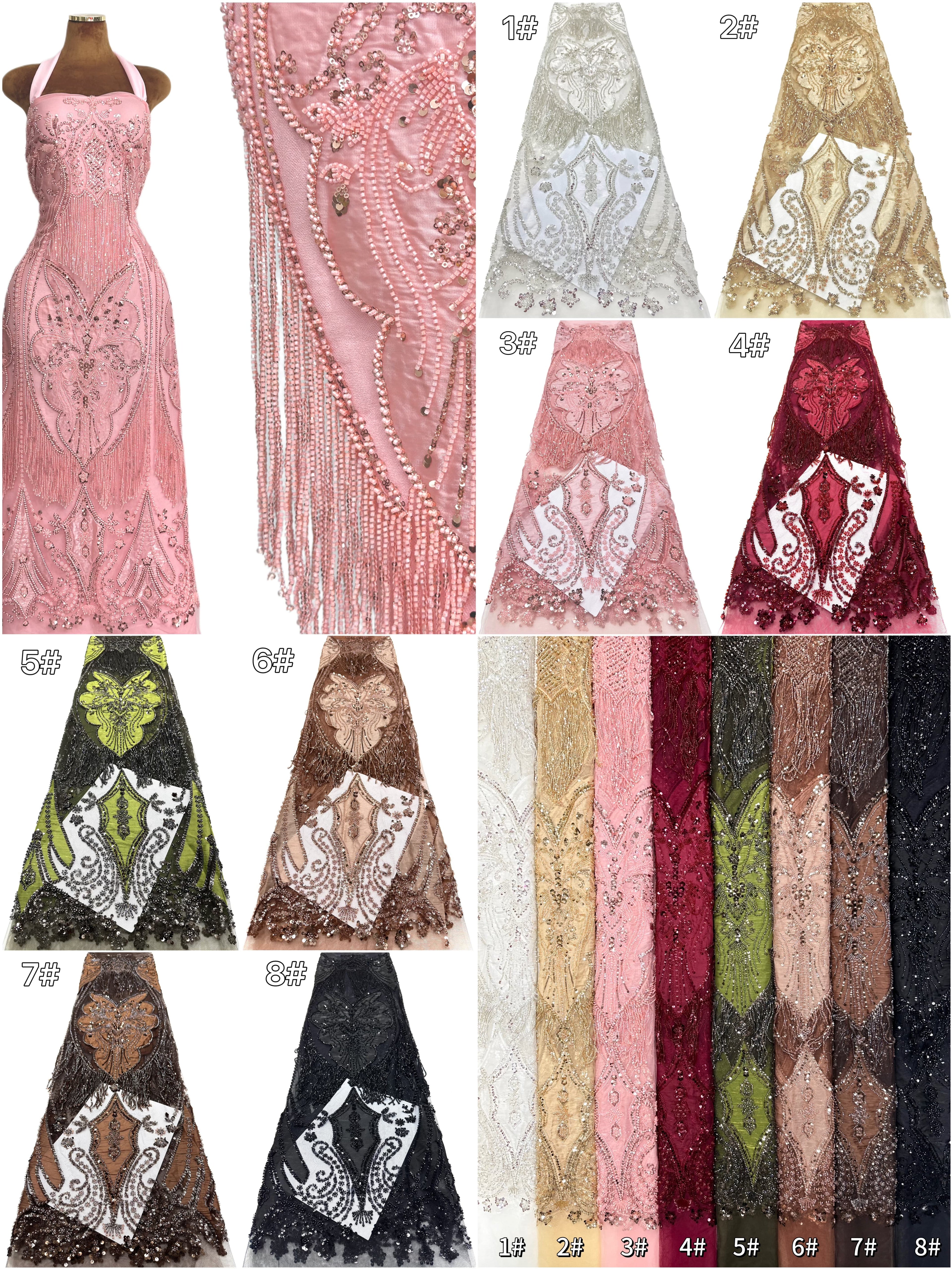 BLS6625#	Sequined Beaded Baroque Border Tulle Lace Fabric Embroidered Lace Fabric for Wedding Dresses Bridal Gowns