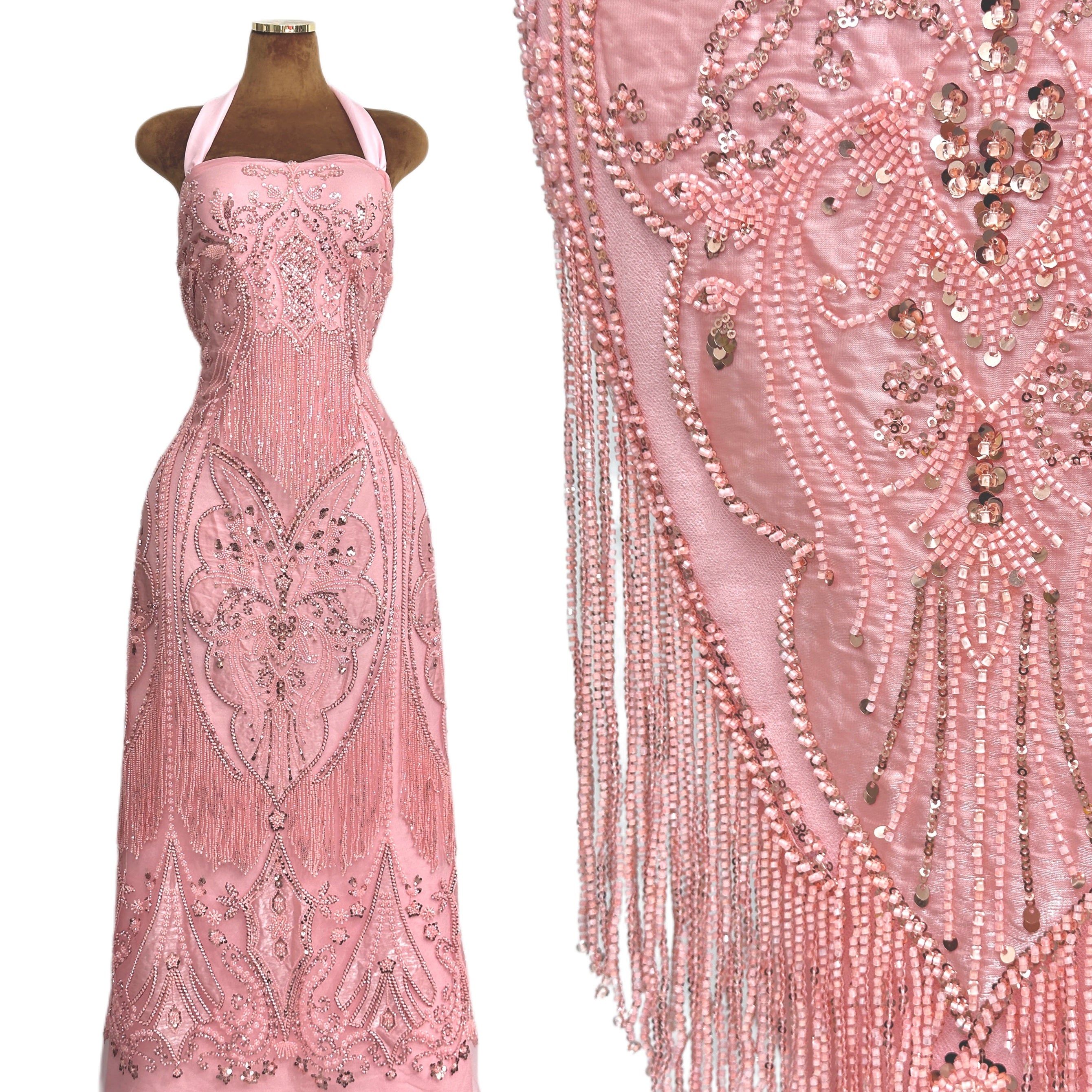 BLS6625#	Sequined Beaded Baroque Border Tulle Lace Fabric Embroidered Lace Fabric for Wedding Dresses Bridal Gowns