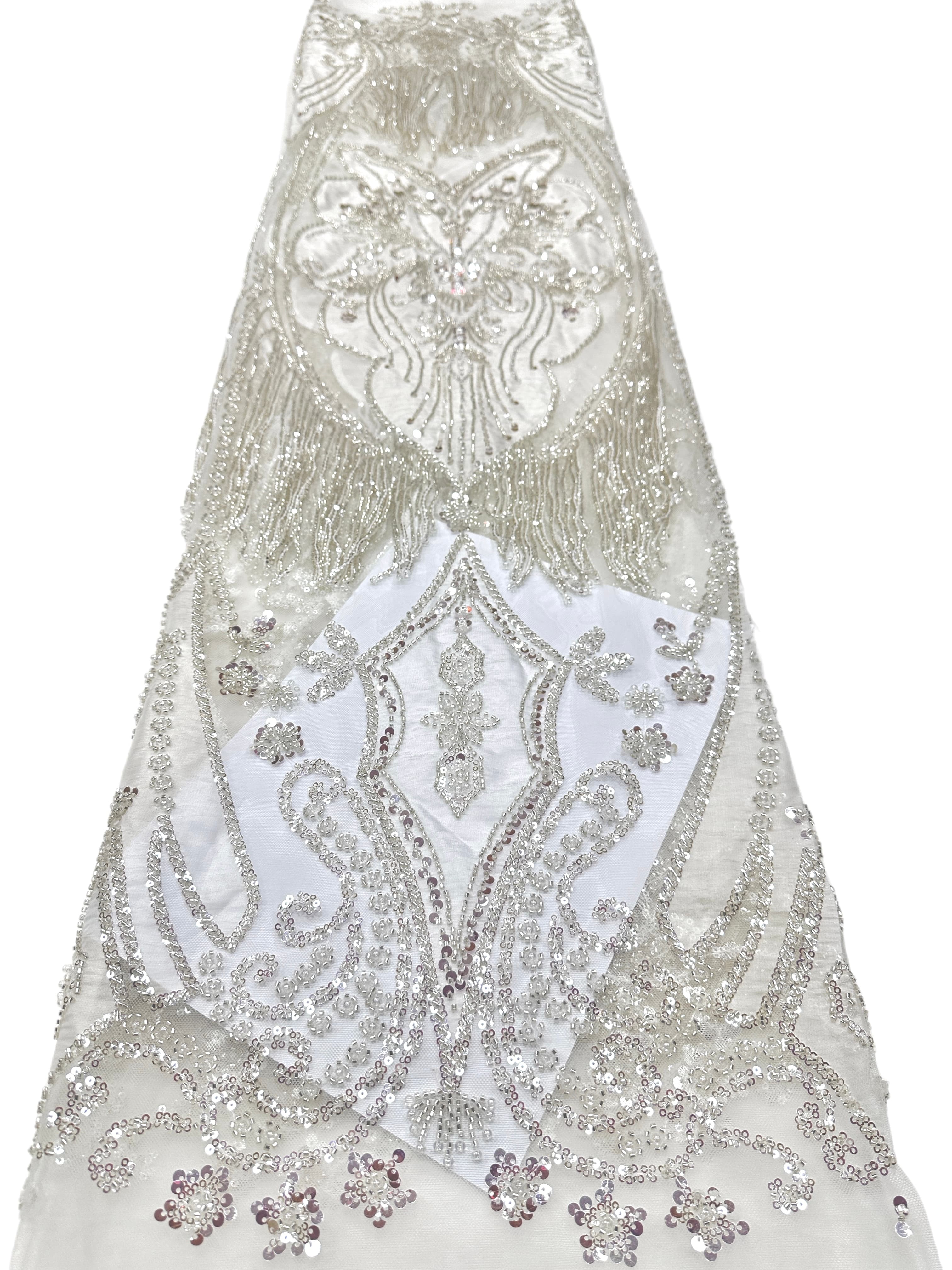 BLS6625#	Sequined Beaded Baroque Border Tulle Lace Fabric Embroidered Lace Fabric for Wedding Dresses Bridal Gowns