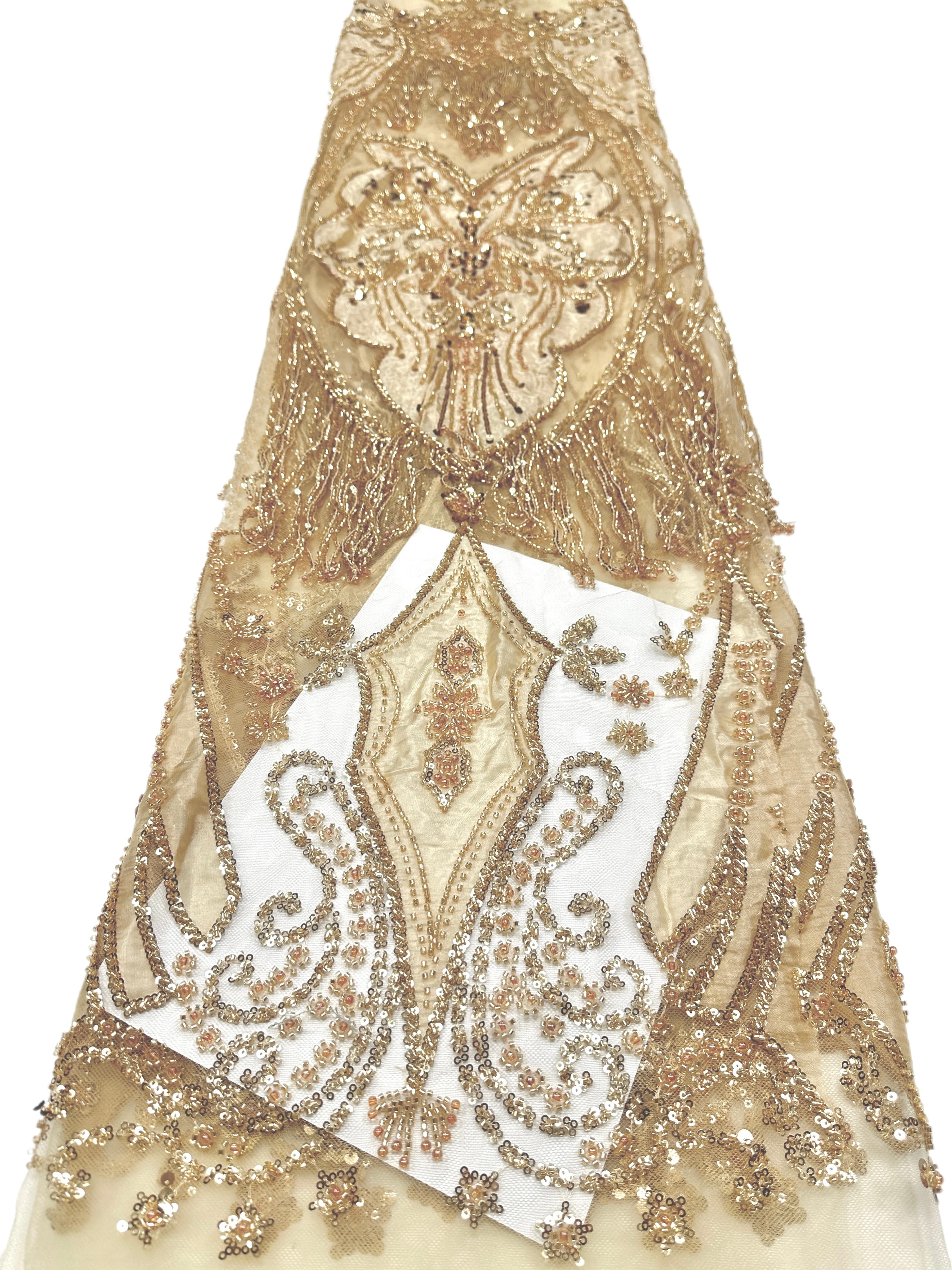 BLS6625#	Sequined Beaded Baroque Border Tulle Lace Fabric Embroidered Lace Fabric for Wedding Dresses Bridal Gowns