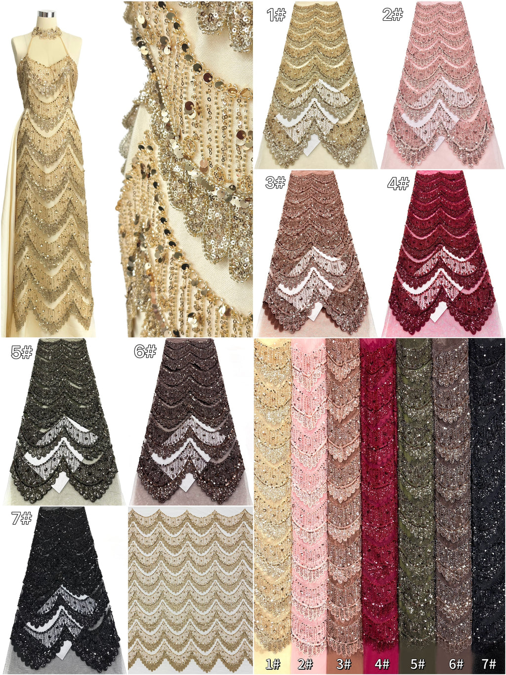 BLS6632#	Sequined Beaded Geometric Tulle Lace Fabric Embroidered Scalloped Edge Lace Fabric for Wedding Dresses Bridal Gowns