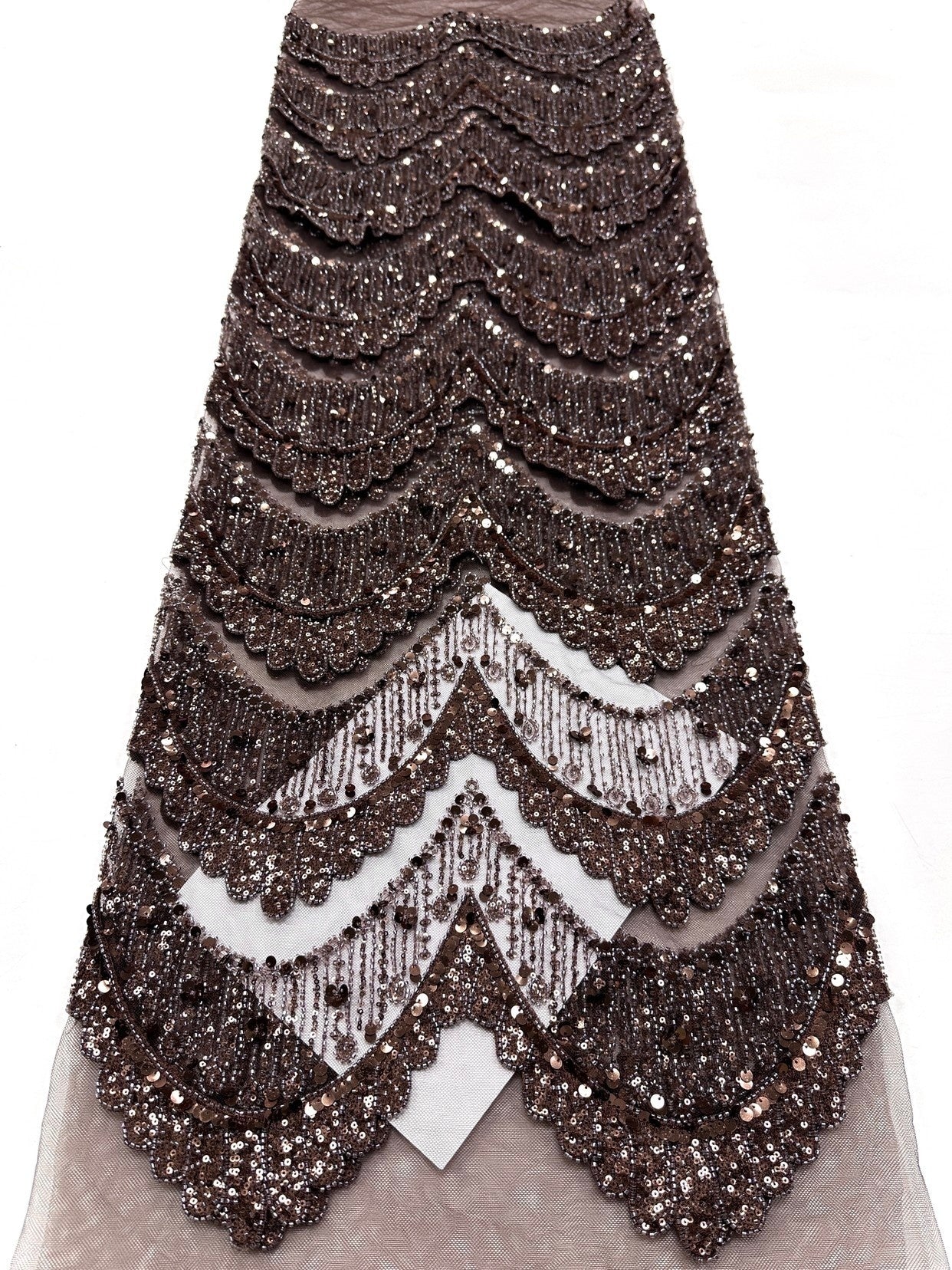 BLS6632#	Sequined Beaded Geometric Tulle Lace Fabric Embroidered Scalloped Edge Lace Fabric for Wedding Dresses Bridal Gowns