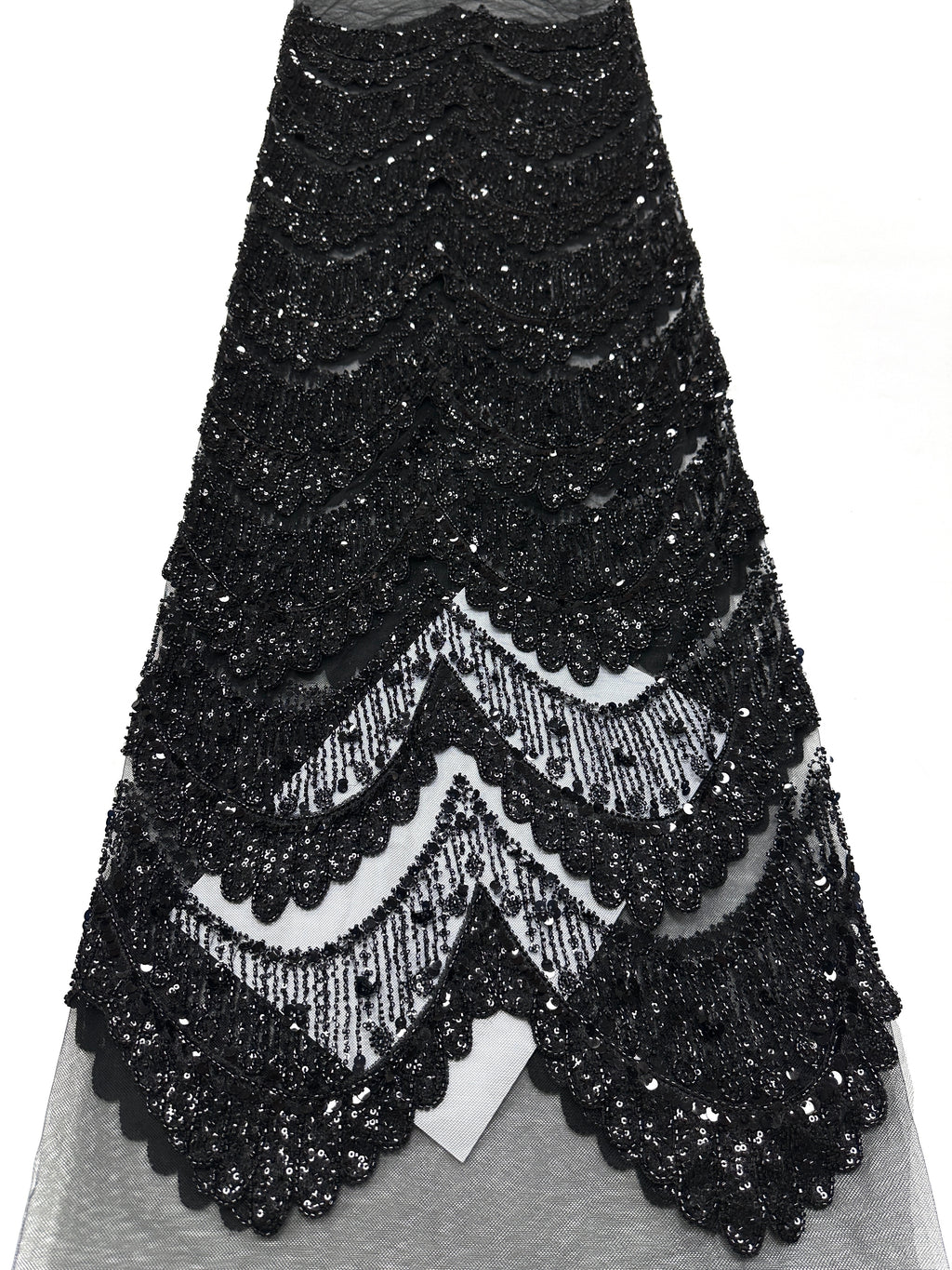 BLS6632#	Sequined Beaded Geometric Tulle Lace Fabric Embroidered Scalloped Edge Lace Fabric for Wedding Dresses Bridal Gowns