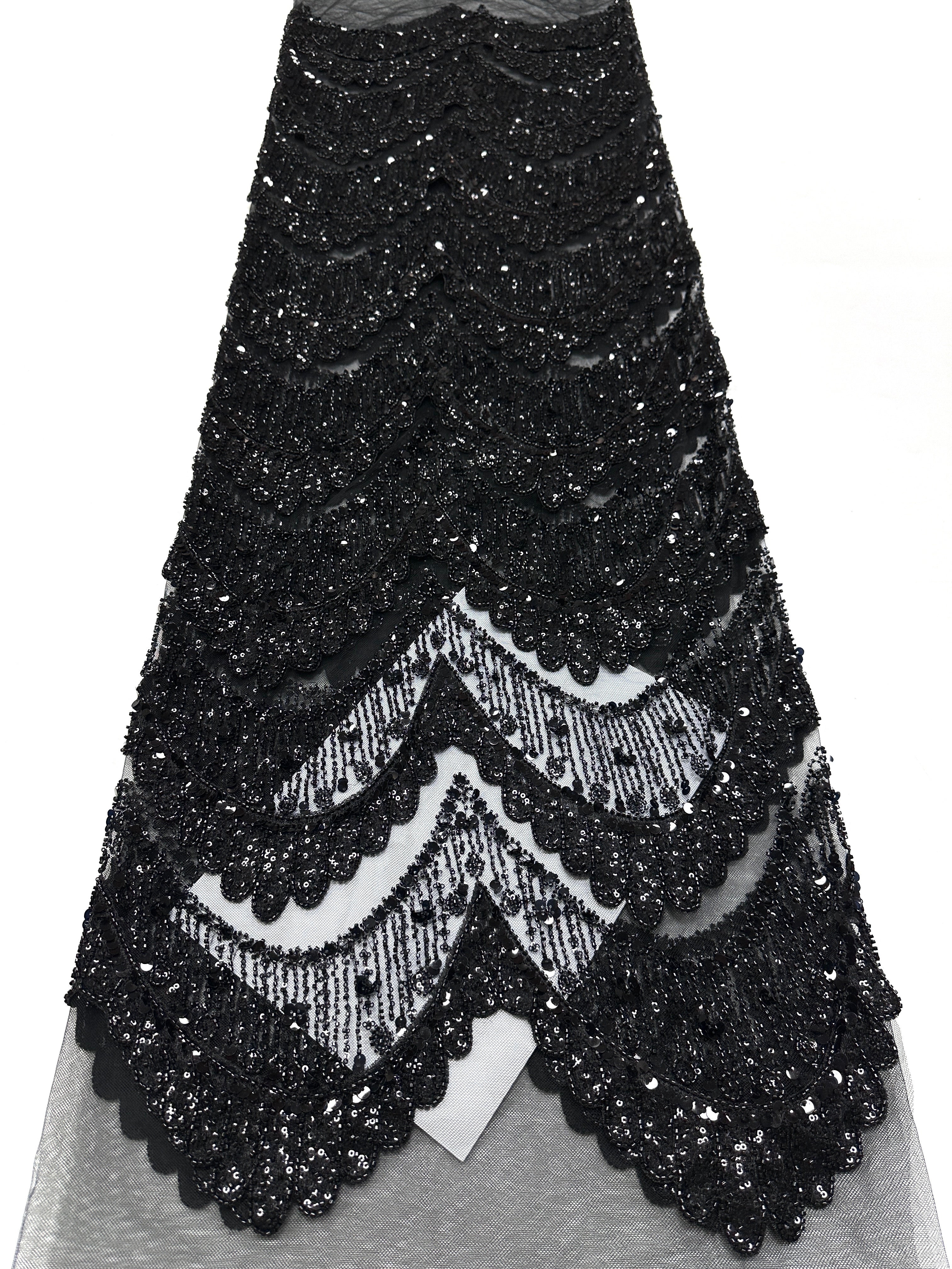 BLS6632#	Sequined Beaded Geometric Tulle Lace Fabric Embroidered Scalloped Edge Lace Fabric for Wedding Dresses Bridal Gowns