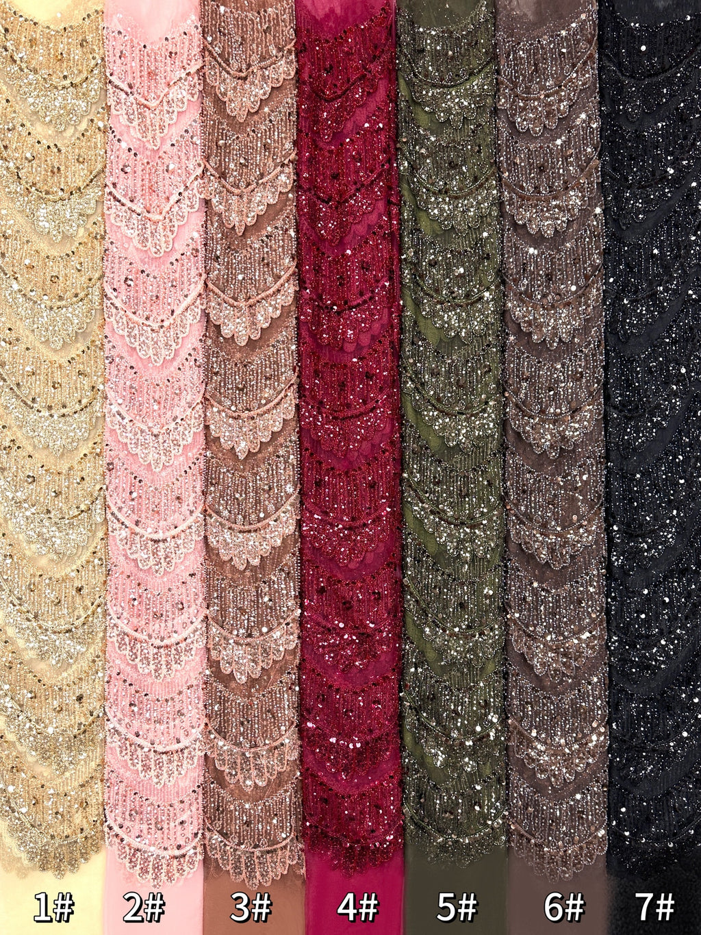 BLS6632#	Sequined Beaded Geometric Tulle Lace Fabric Embroidered Scalloped Edge Lace Fabric for Wedding Dresses Bridal Gowns