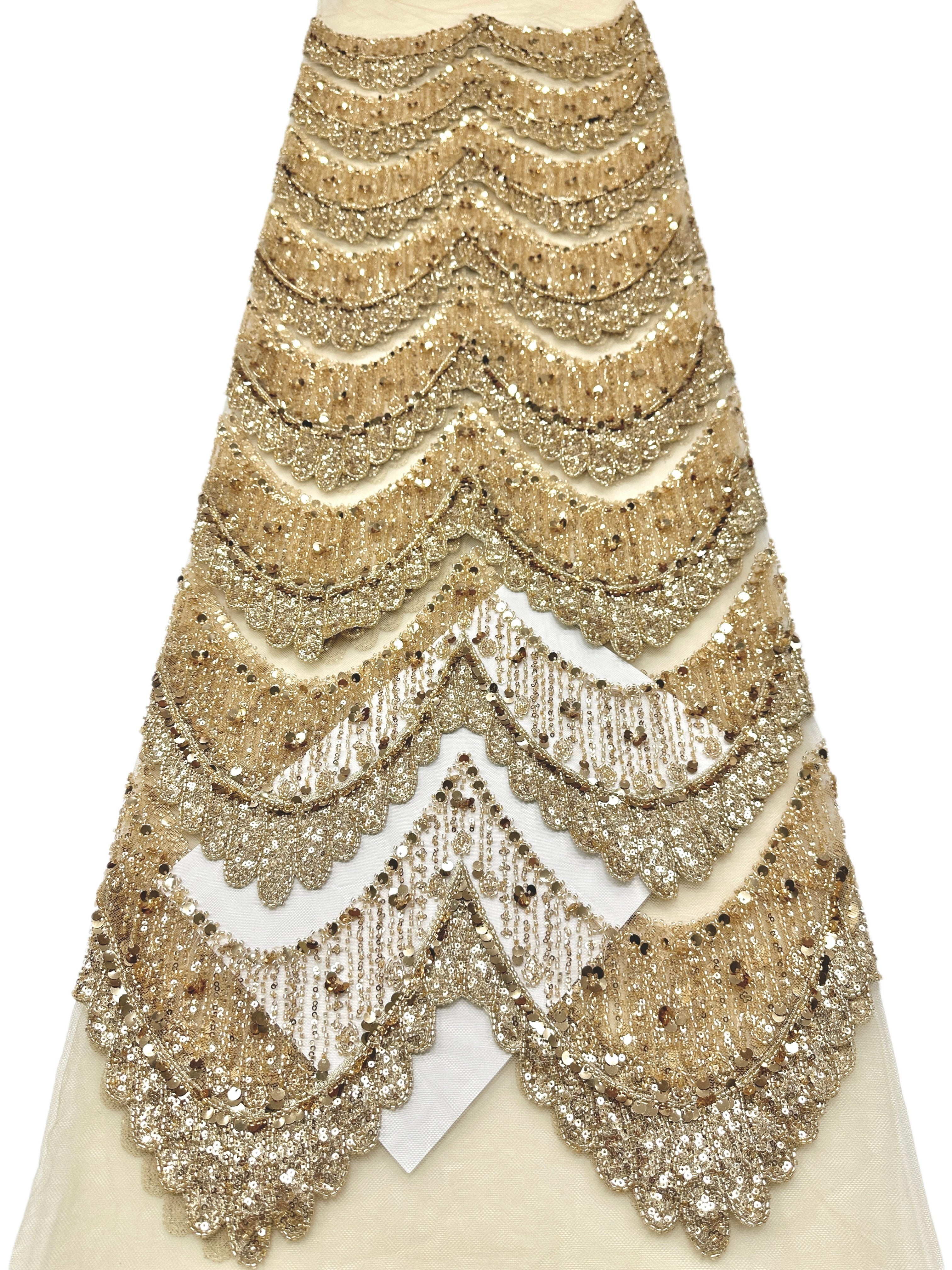BLS6632#	Sequined Beaded Geometric Tulle Lace Fabric Embroidered Scalloped Edge Lace Fabric for Wedding Dresses Bridal Gowns