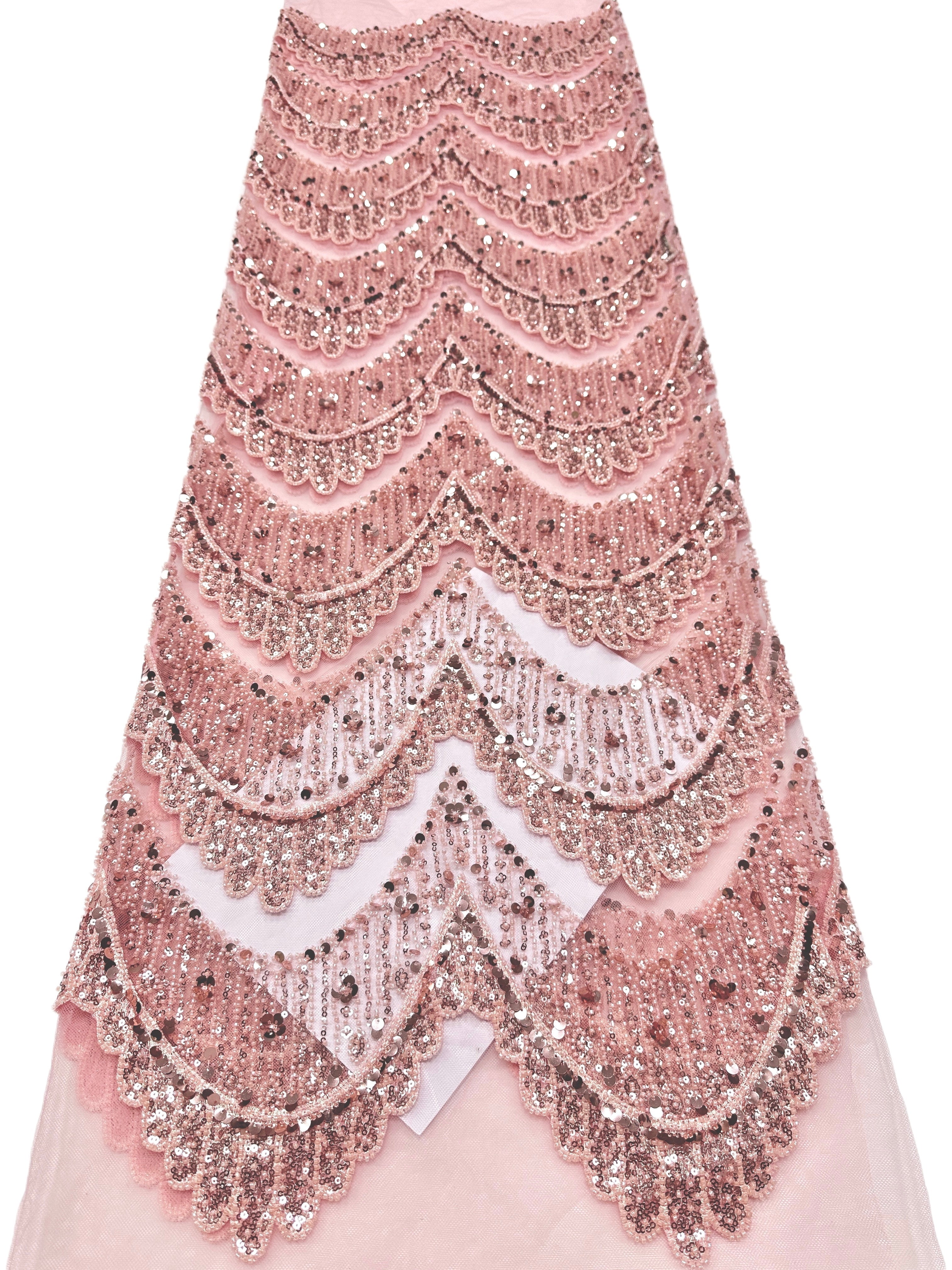 BLS6632#	Sequined Beaded Geometric Tulle Lace Fabric Embroidered Scalloped Edge Lace Fabric for Wedding Dresses Bridal Gowns