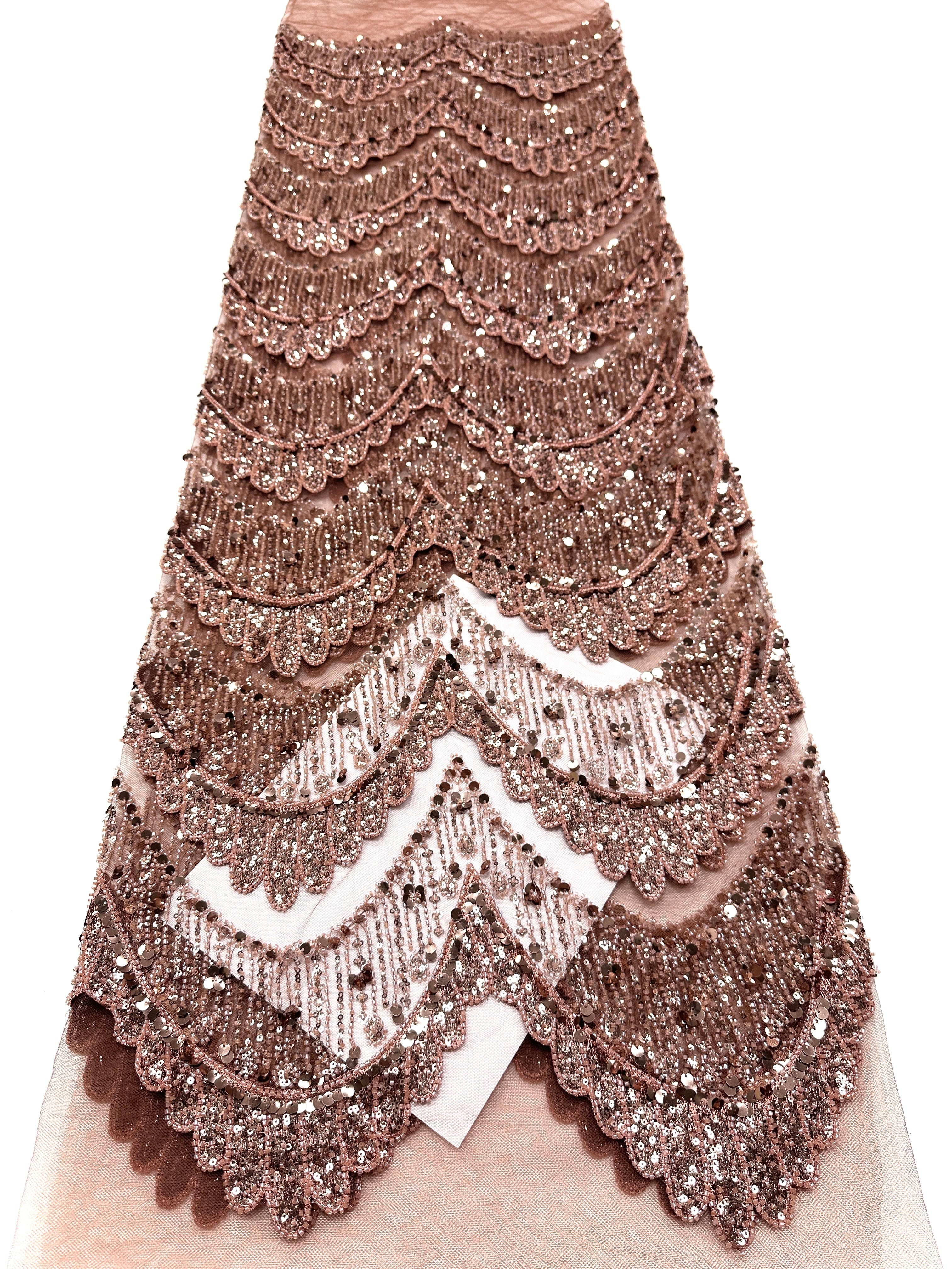 BLS6632#	Sequined Beaded Geometric Tulle Lace Fabric Embroidered Scalloped Edge Lace Fabric for Wedding Dresses Bridal Gowns
