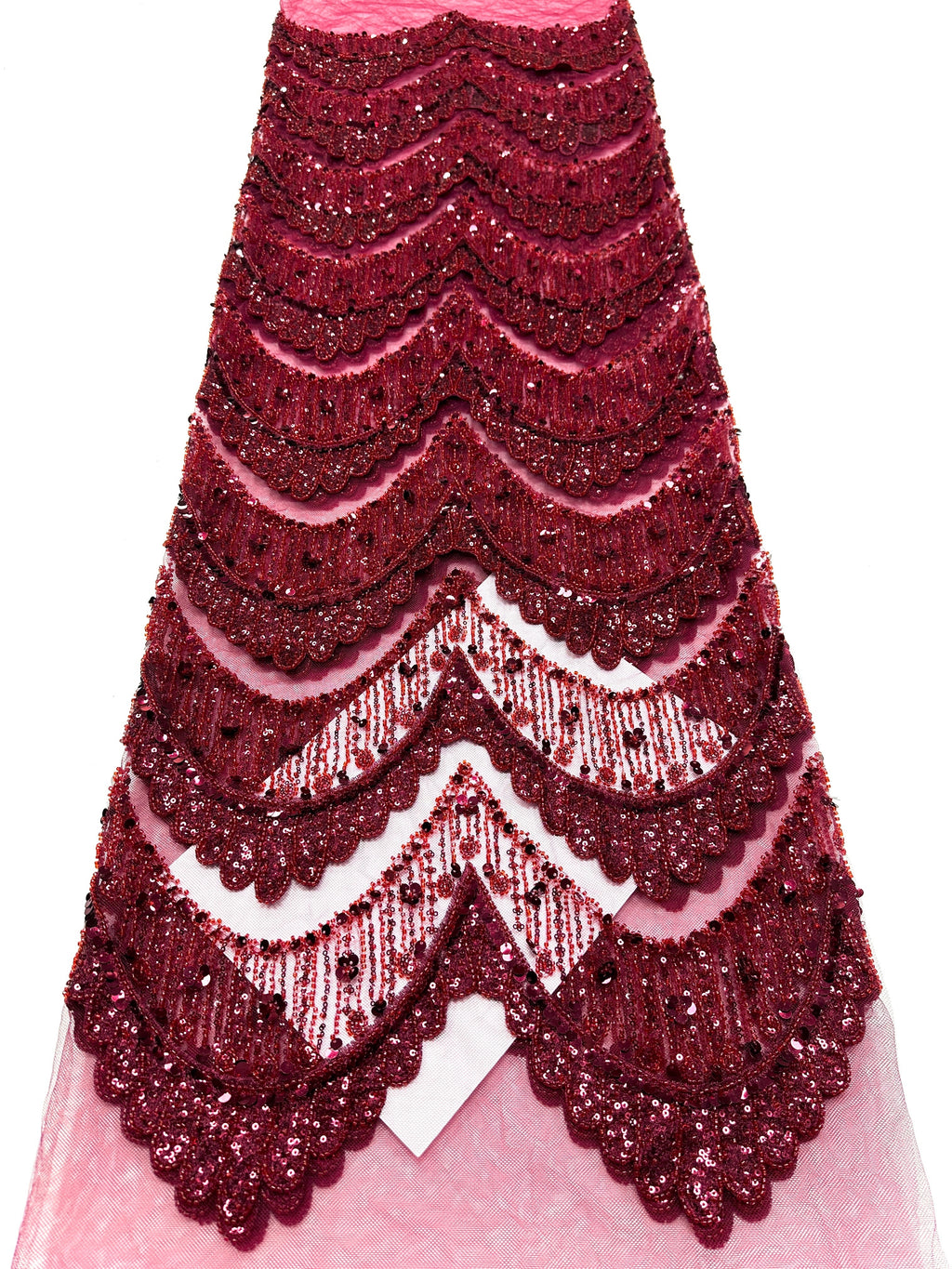 BLS6632#	Sequined Beaded Geometric Tulle Lace Fabric Embroidered Scalloped Edge Lace Fabric for Wedding Dresses Bridal Gowns