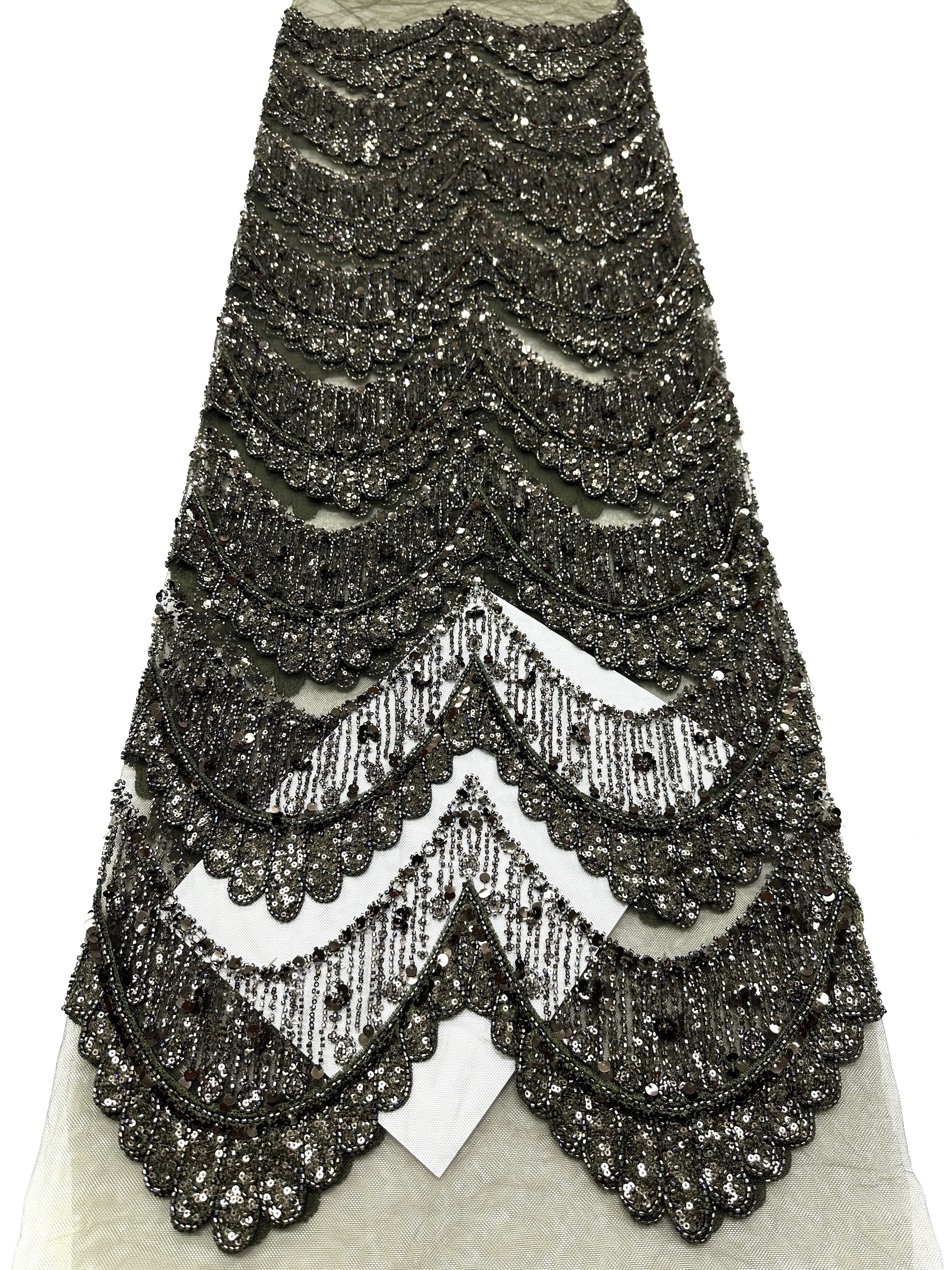 BLS6632#	Sequined Beaded Geometric Tulle Lace Fabric Embroidered Scalloped Edge Lace Fabric for Wedding Dresses Bridal Gowns